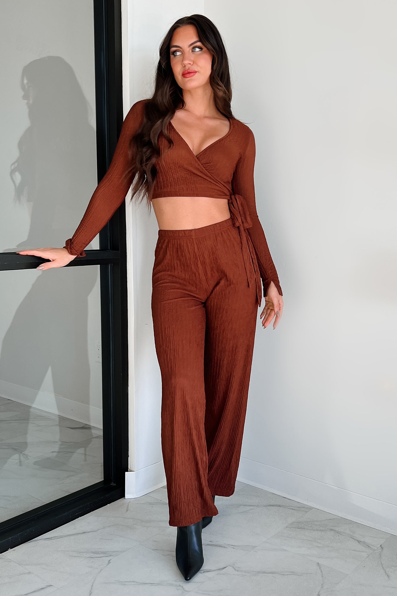 Following My Intuition Crinkled Plisse Wrap Top & Pants Set (Ancora Red)