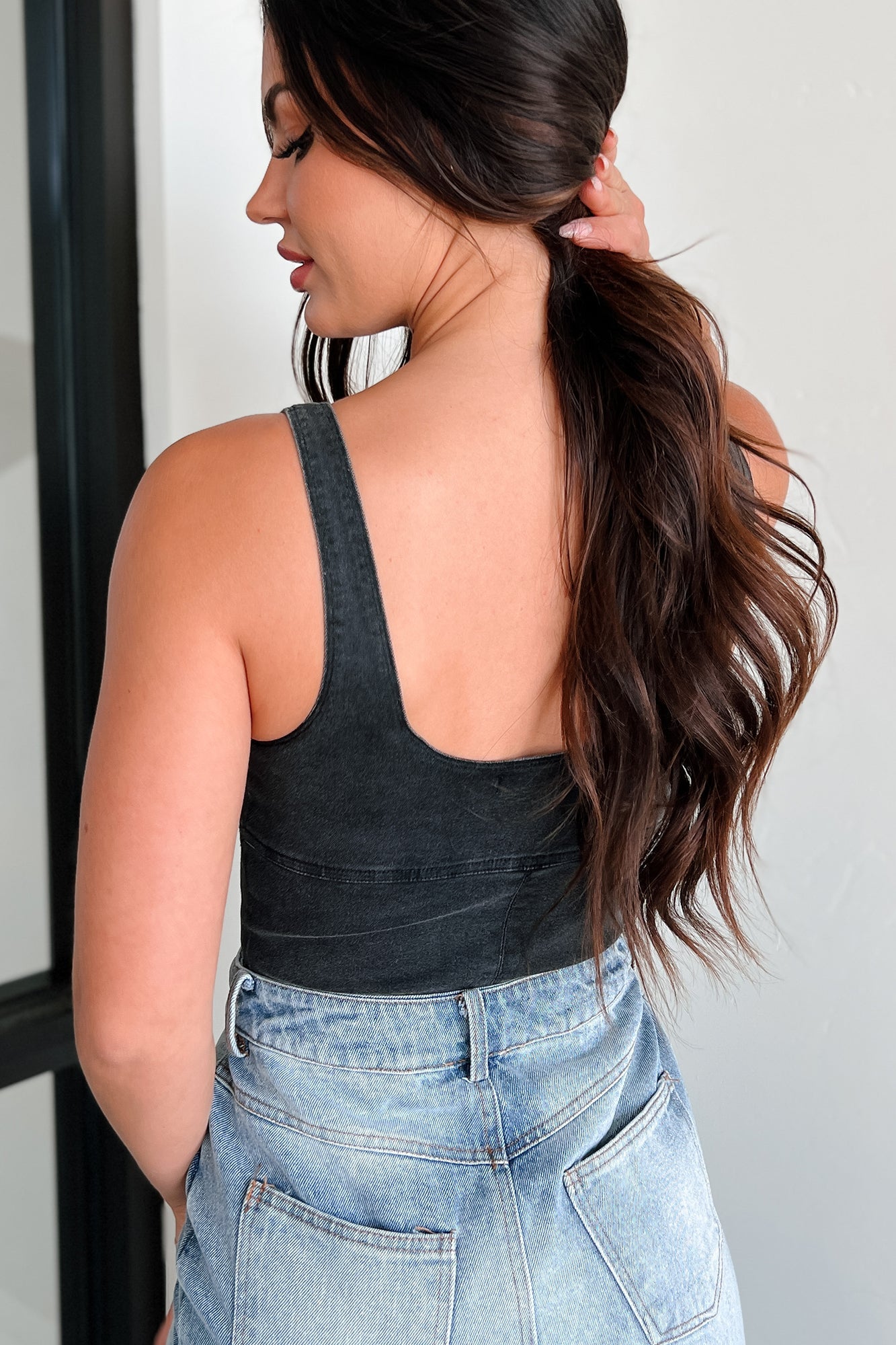 Fueled By Confidence Signature 8 Stretchy Denim Bodysuit (Washed Black)