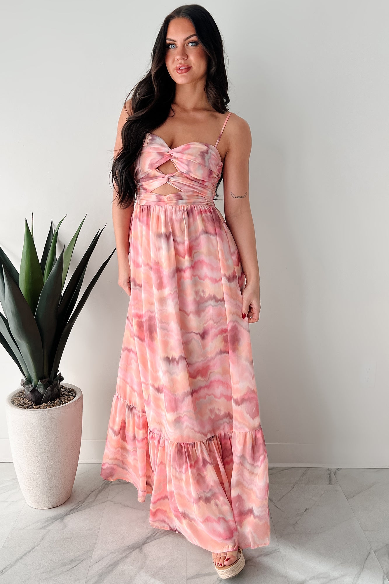 I Hope You Think Of Me Marble Printed Maxi Dress (Pink Multi)