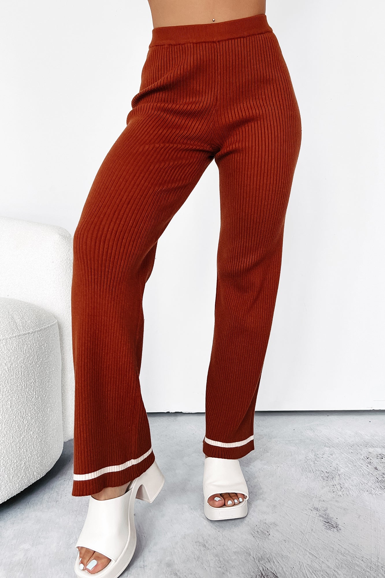 Crisp Leaves Ribbed Knit Straight Leg Pant (Rust)