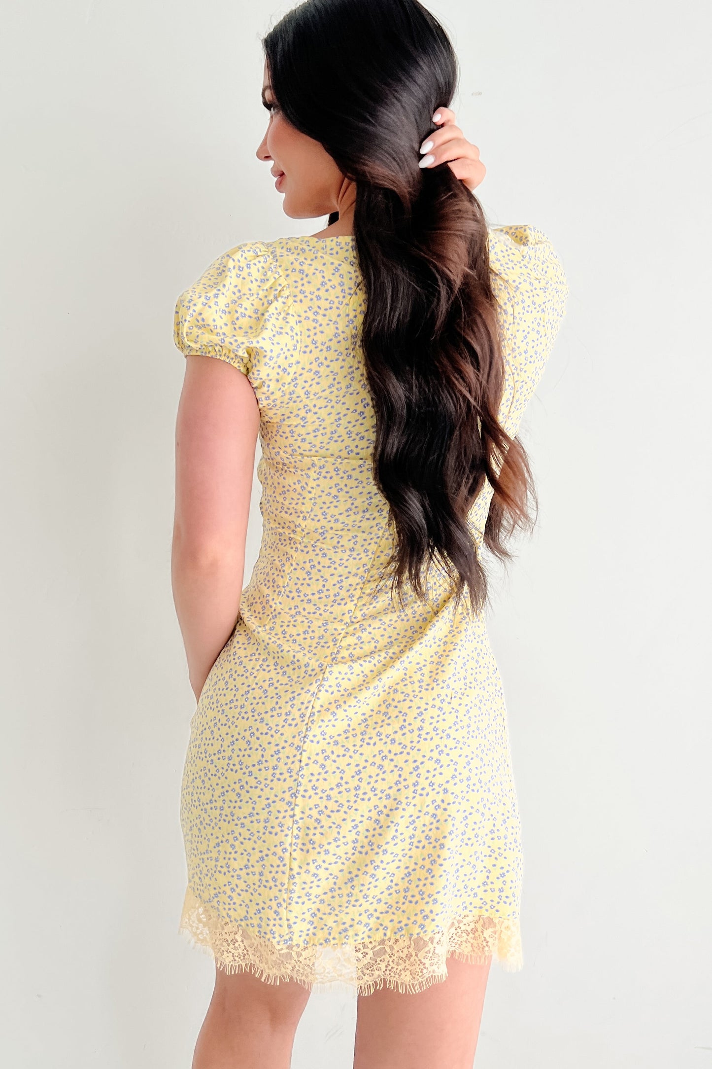 Floral Bliss Sweetheart Floral Mini Dress (Yellow/Blue)