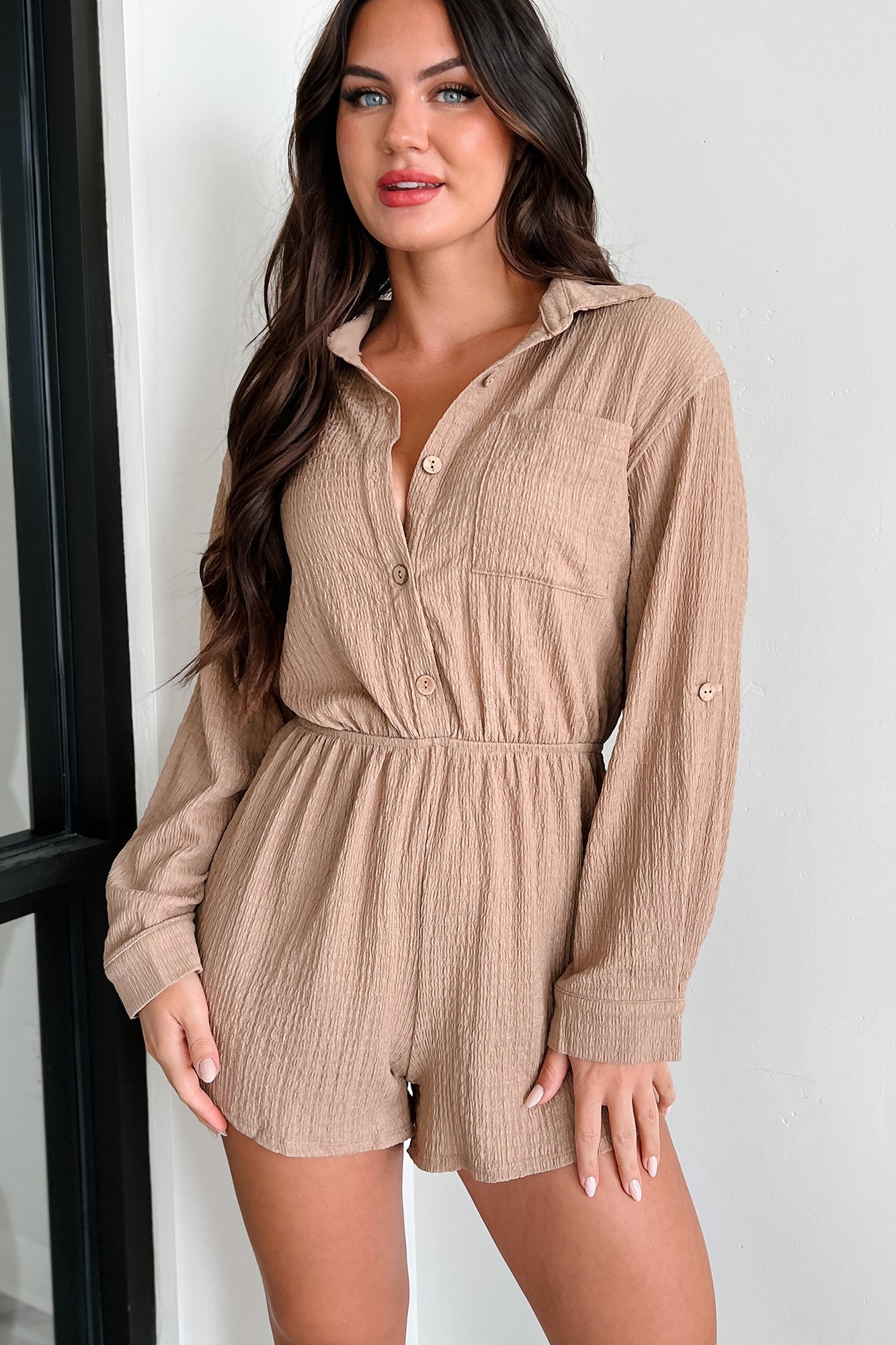 Letting Colors Fade Textured Romper (Dark Taupe)