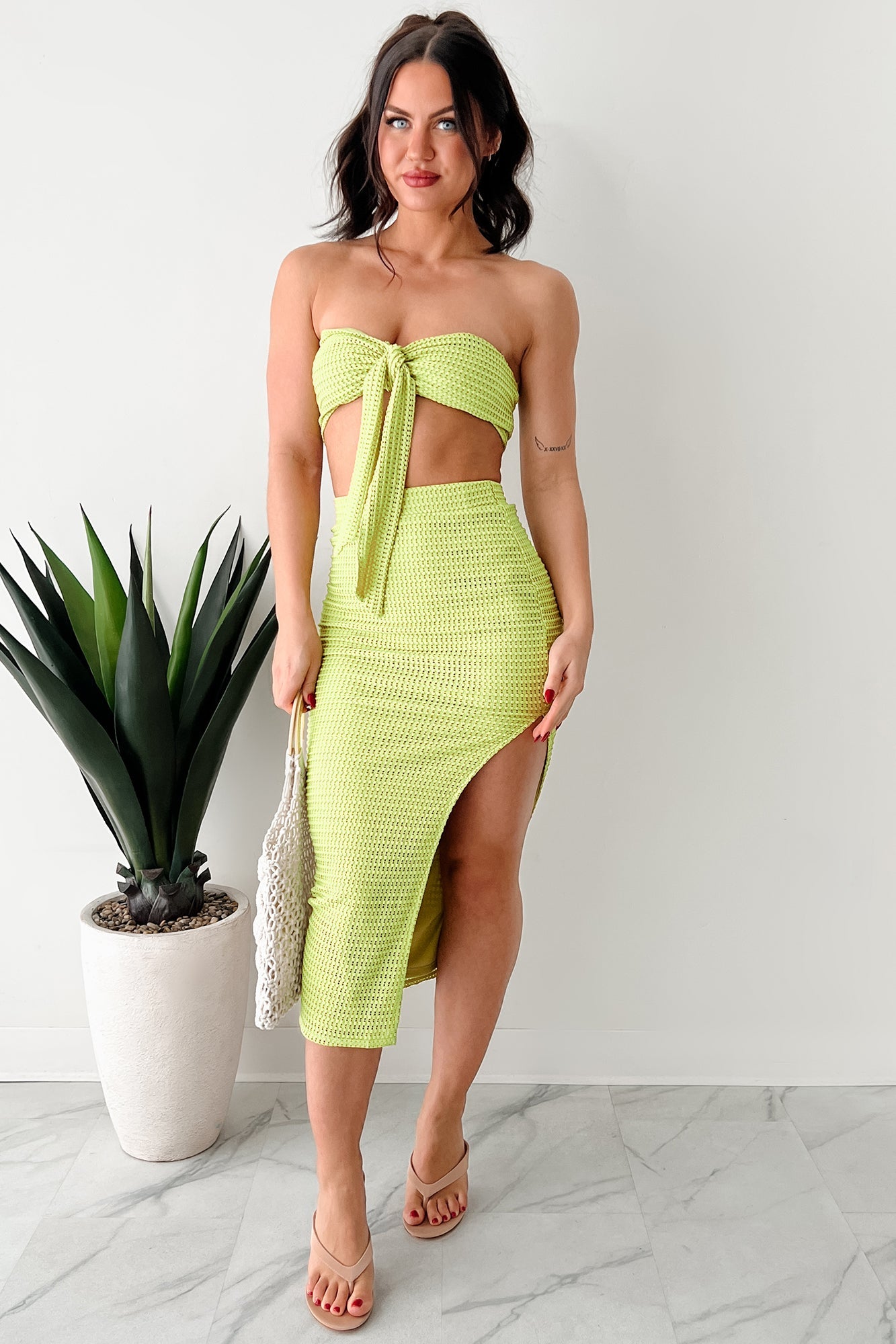Flawlessly Loud Textured Knit Bandeau & Skirt Set (Kiwi)