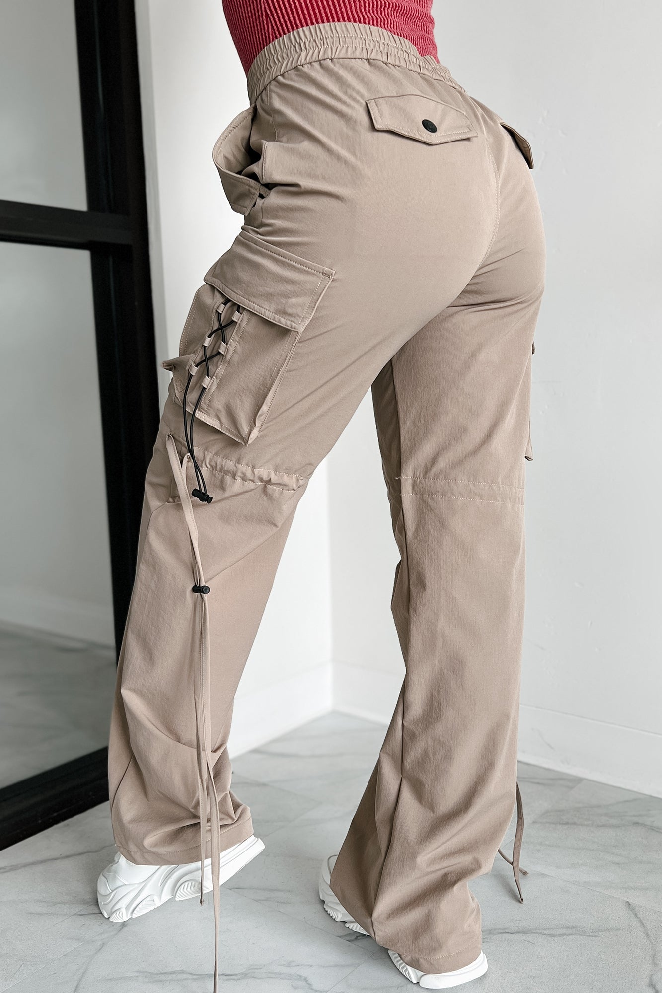 Finding My Way Wide Leg Cargo Drawstring Pants (Khaki)