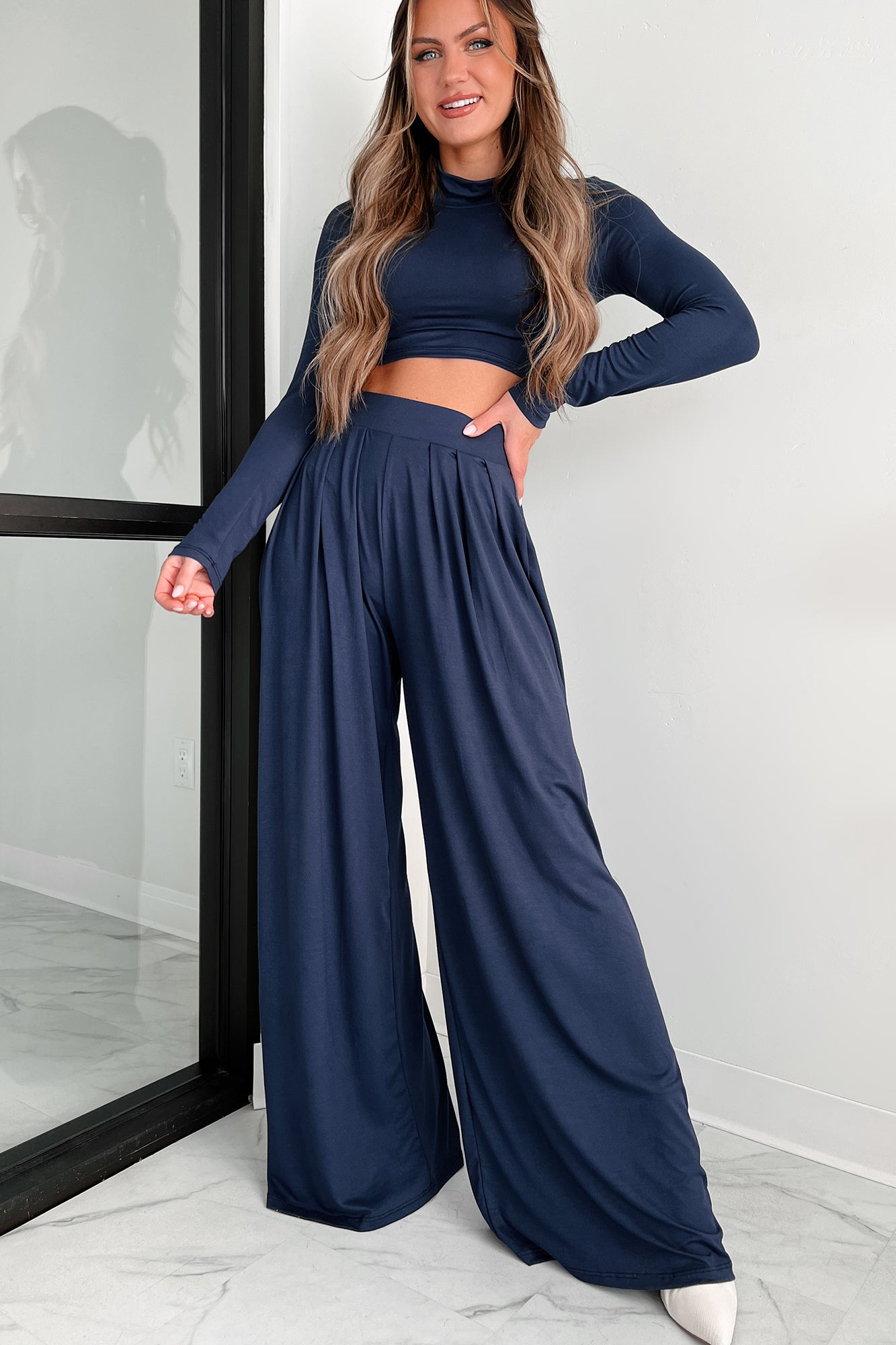Faded Dreams Long Sleeve Crop Top & Pant Set (Navy)