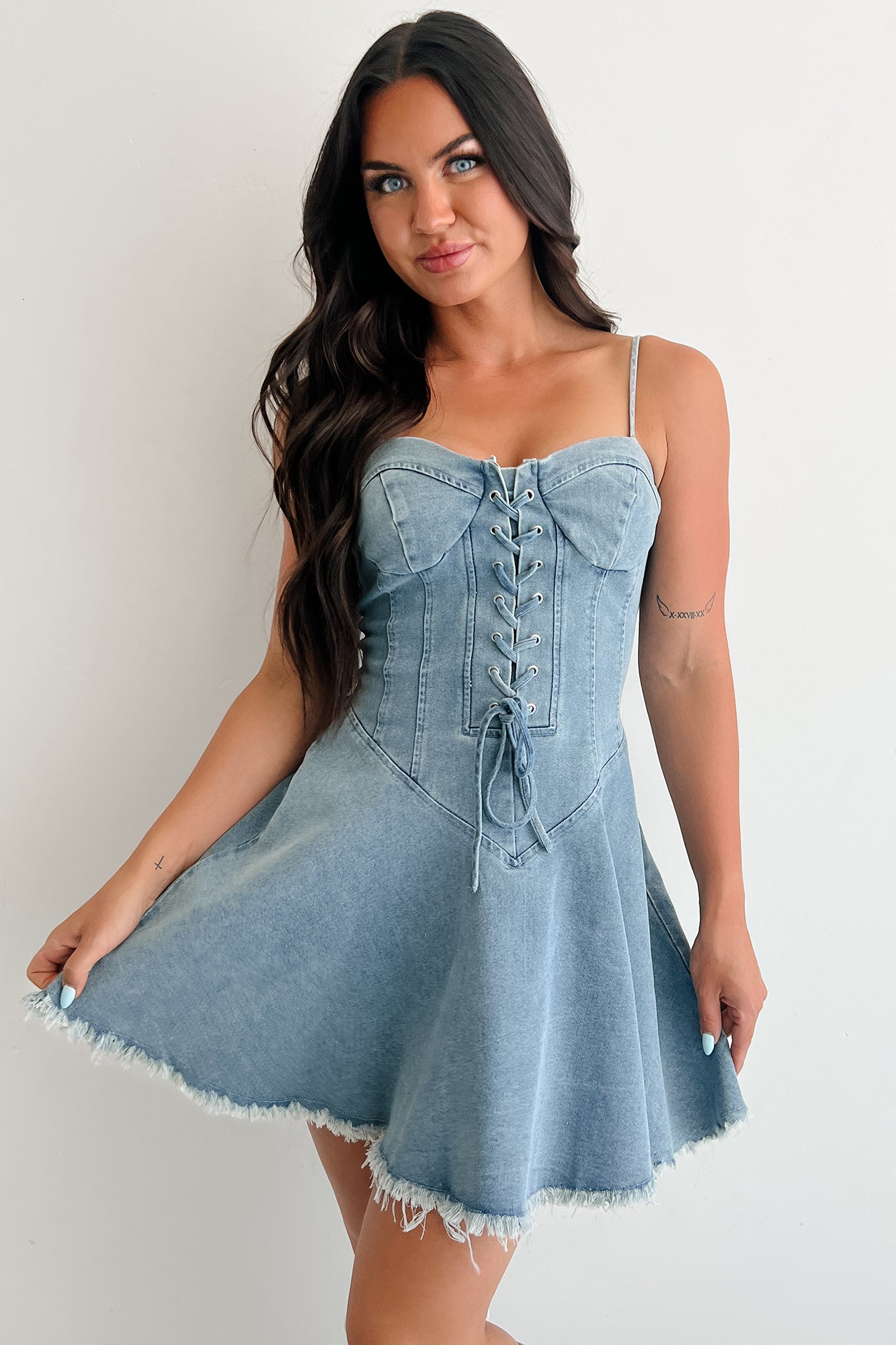 Watch Her Rise Sleeveless Denim Mini Dress (Denim)