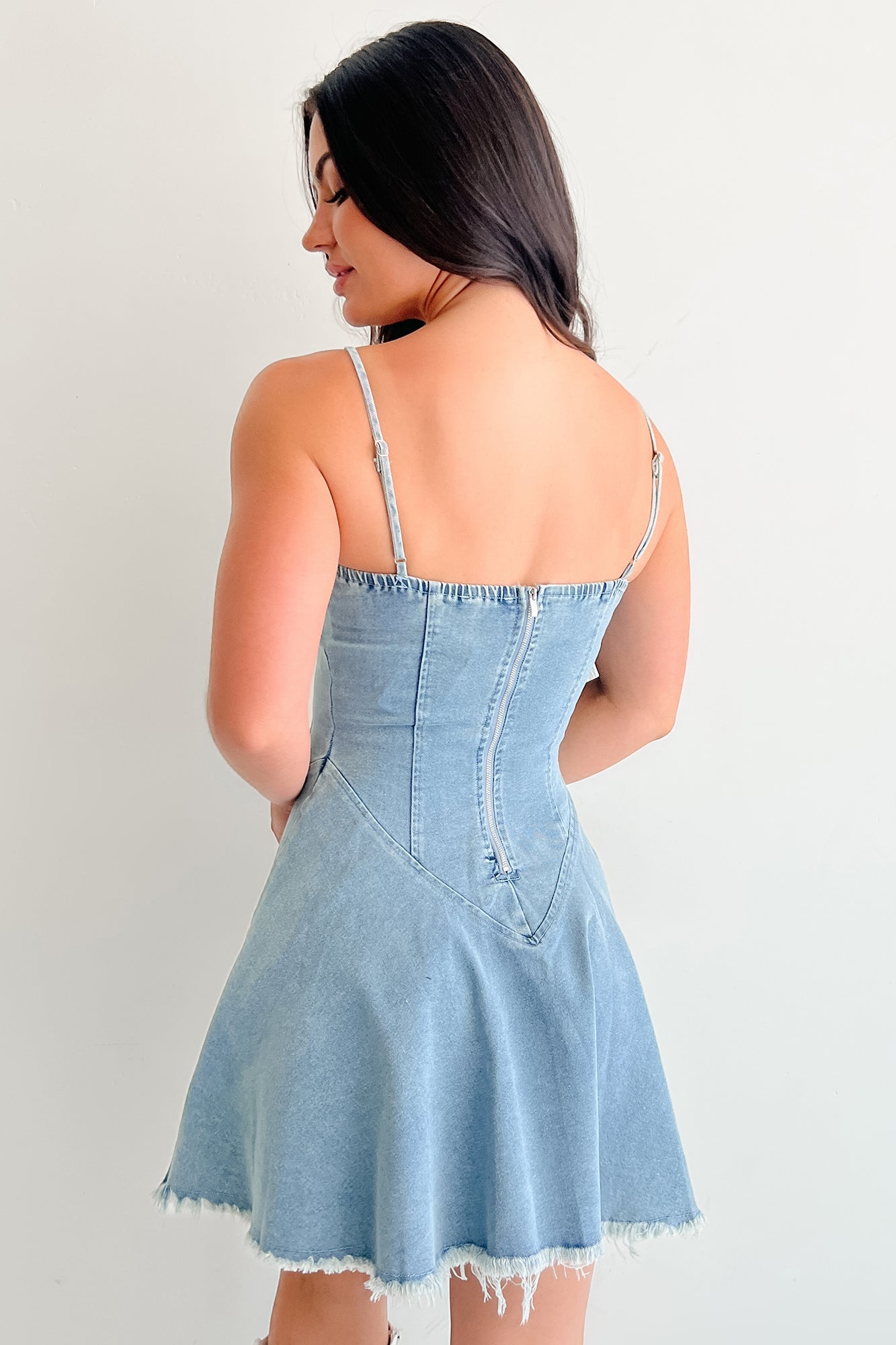 Watch Her Rise Sleeveless Denim Mini Dress (Denim)