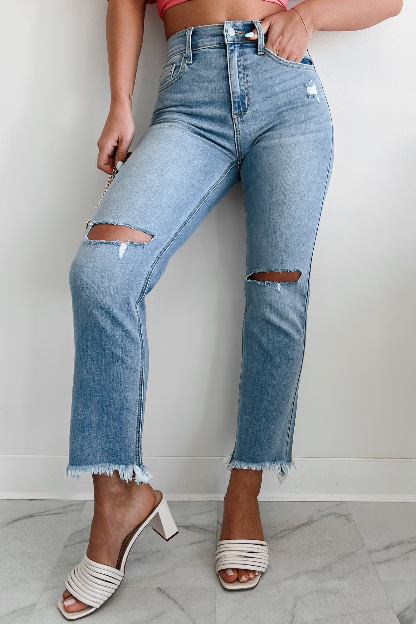 Effie High Rise Distressed Sneak Peek Straight Leg Jeans (Light)
