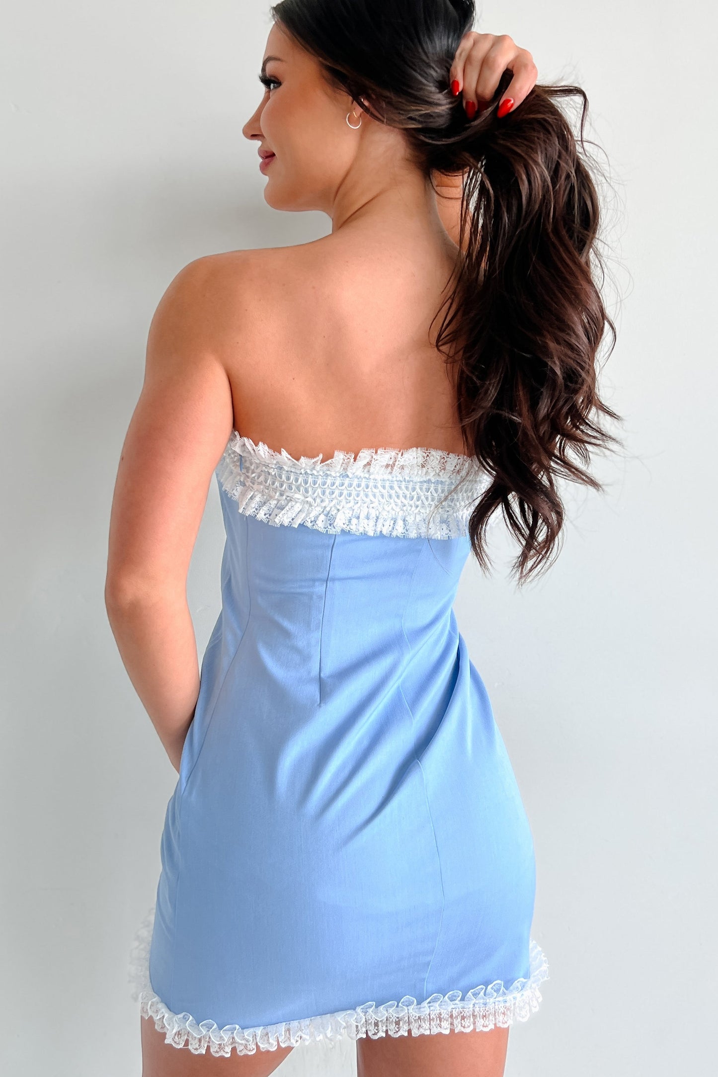 Breaking Hearts Strapless Lace Trim Mini Dress (Light Blue)