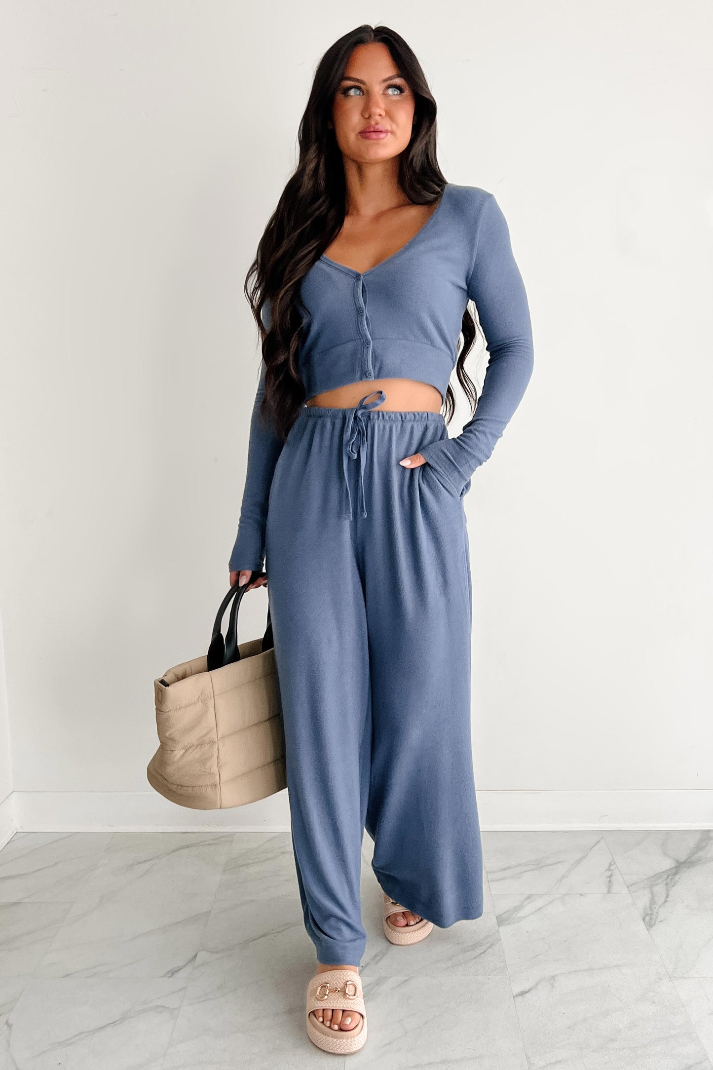 All Your Love Button Detail Long Sleeve Top (Dusty Navy)