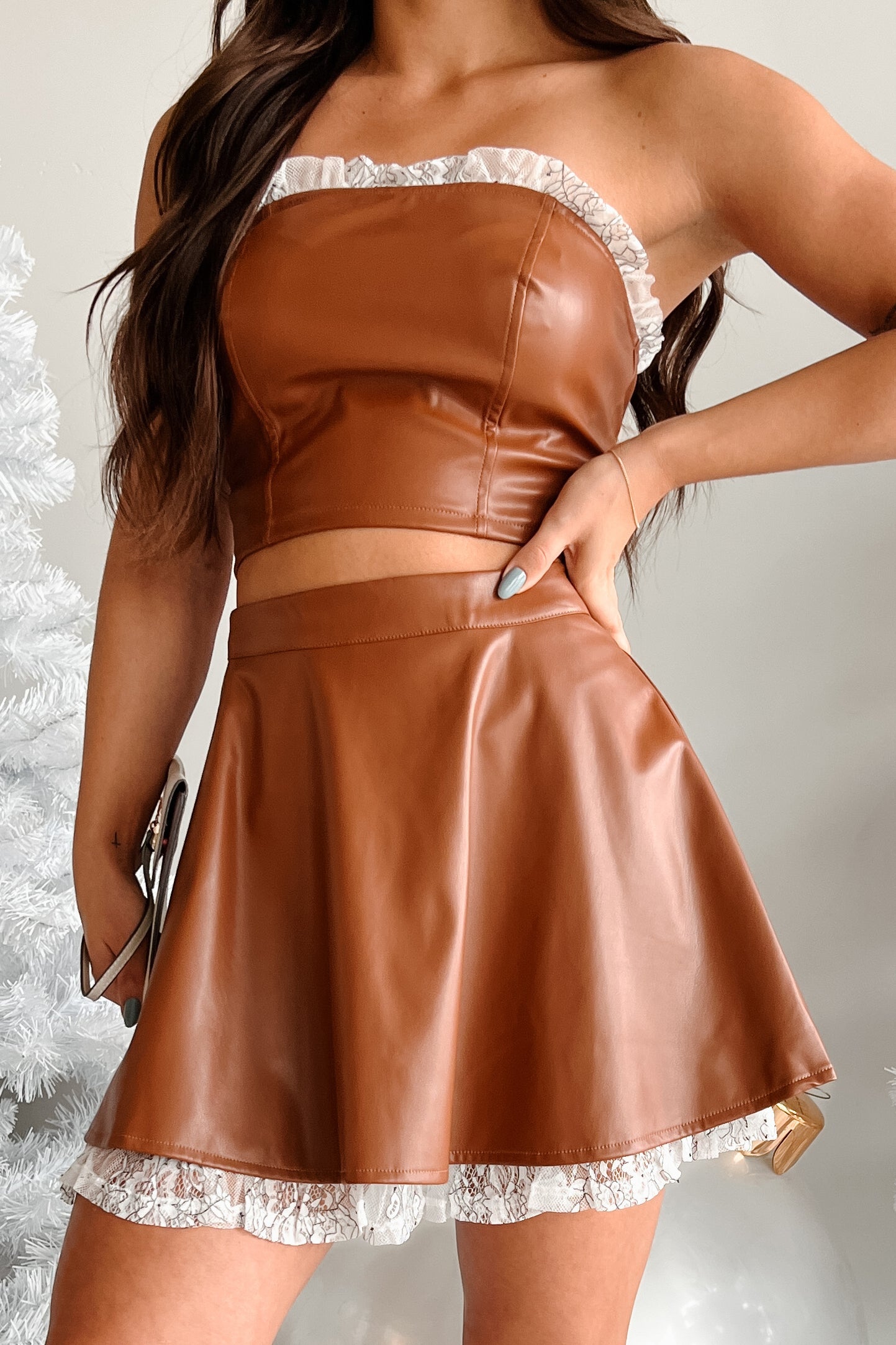 DOORBUSTER Always Flirty Ruffle Lace Faux Leather Skirt (Brown)