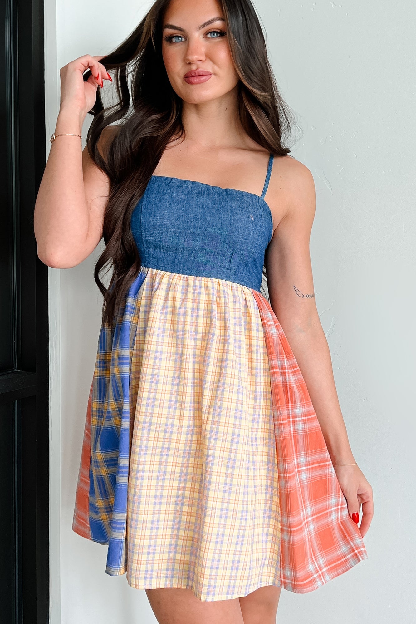 Punk Goes Cute Denim Plaid Mini Dress (Multi)