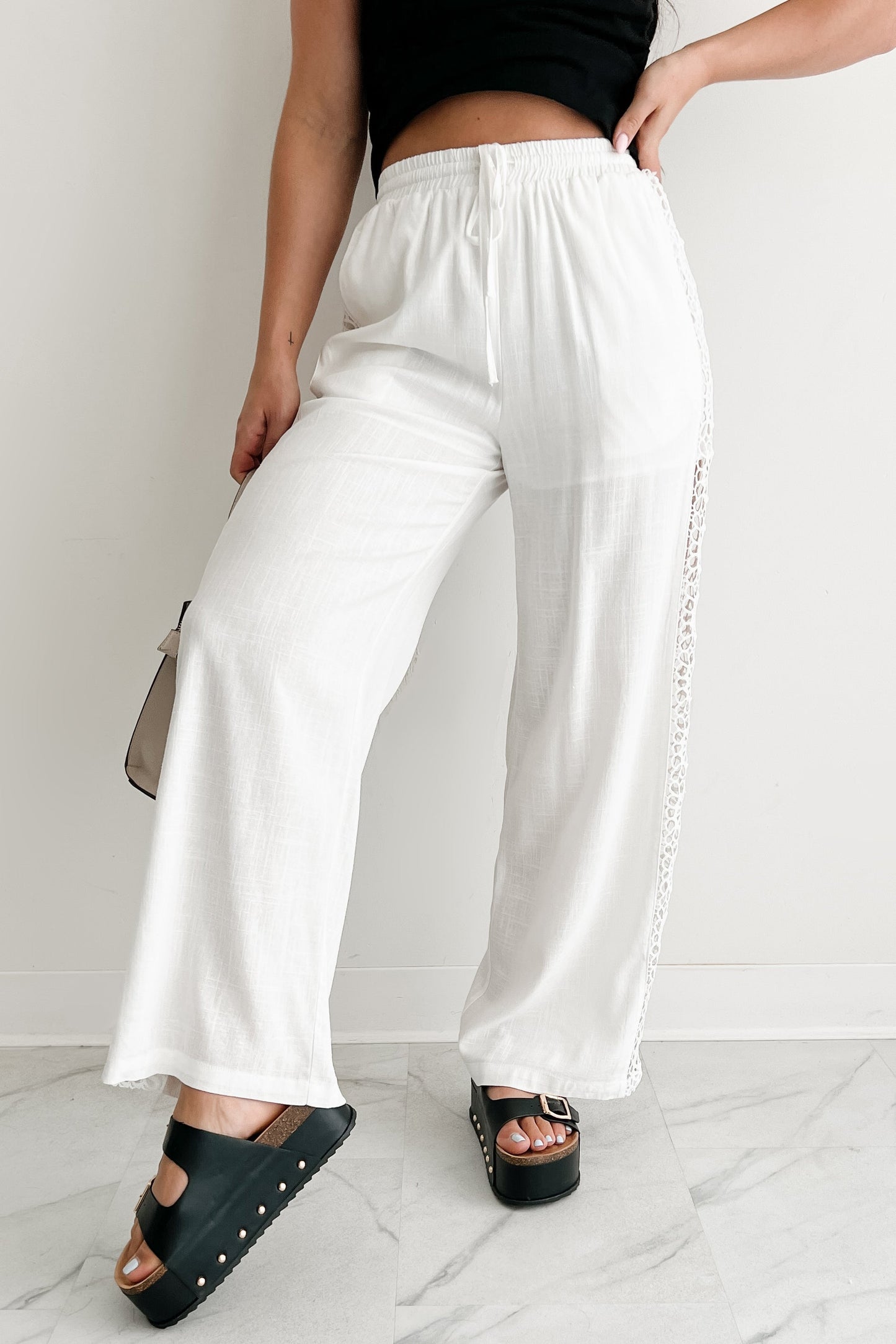 Gentle & Genuine Linen Crochet Wide Leg Pants (White)