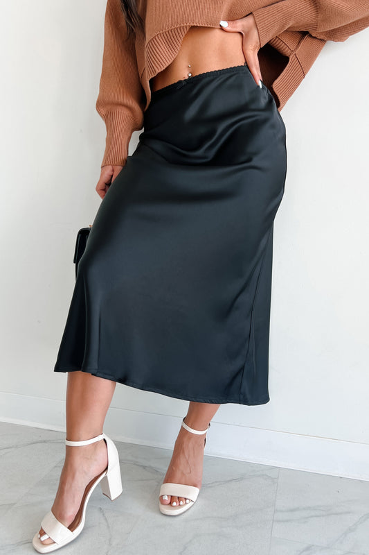 Chic Endeavors Satin Midi Skirt (Black)