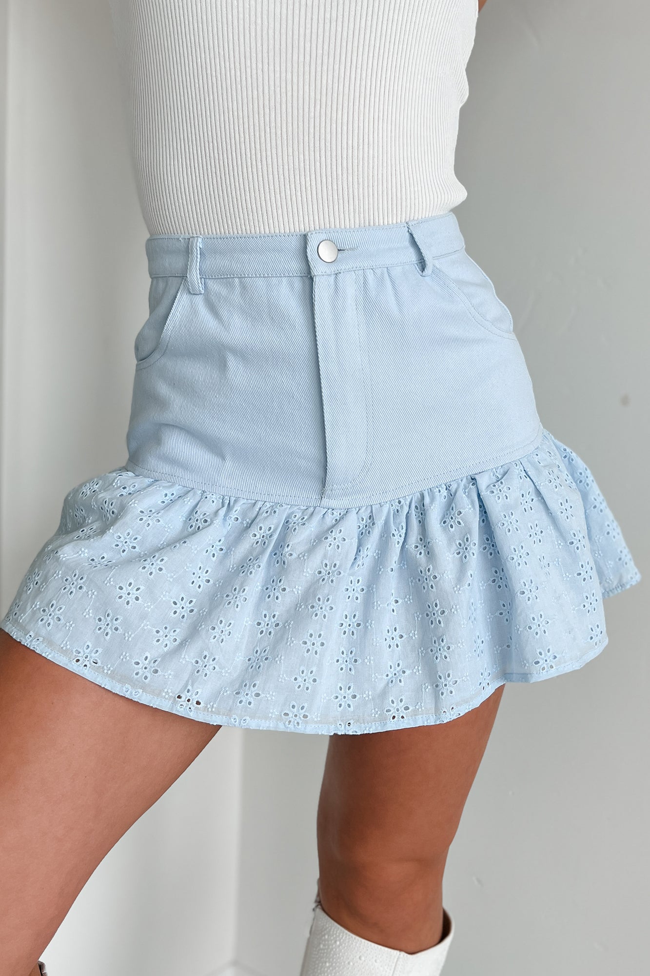 Daily Gratitude Eyelet Hem Denim Mini Skirt (Ice Blue)