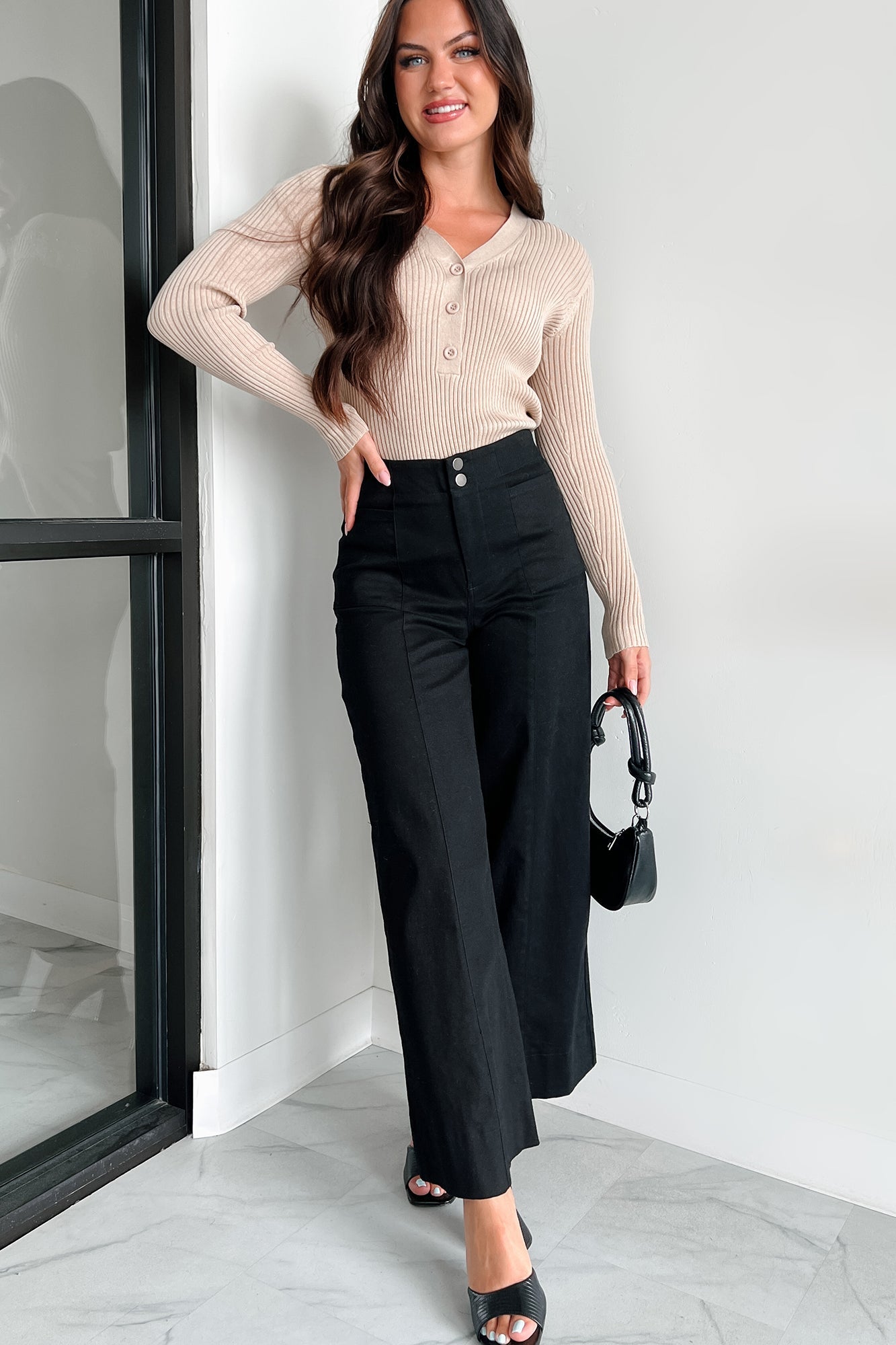Tula Button Detail Ribbed Sweater Top (Oatmeal)