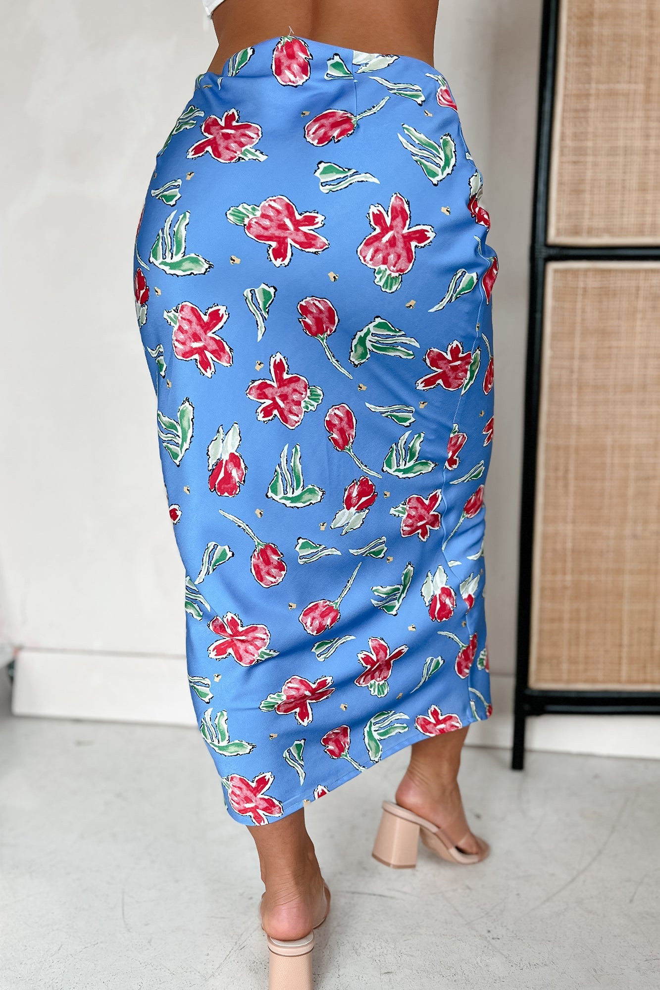 Feeling Flowerful Satin Floral Midi Skirt (Blue)