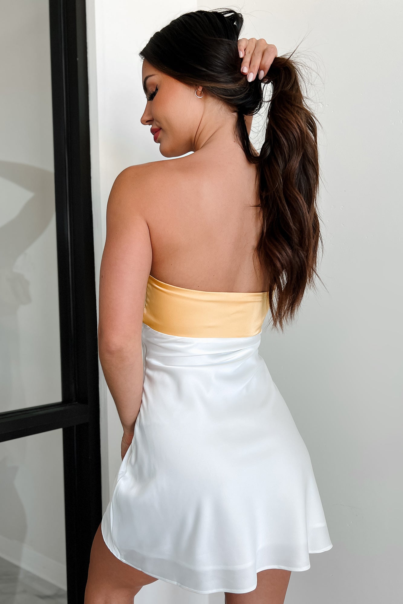 Guests To Impress Strapless Satin Mini Dress (White/Yellow)