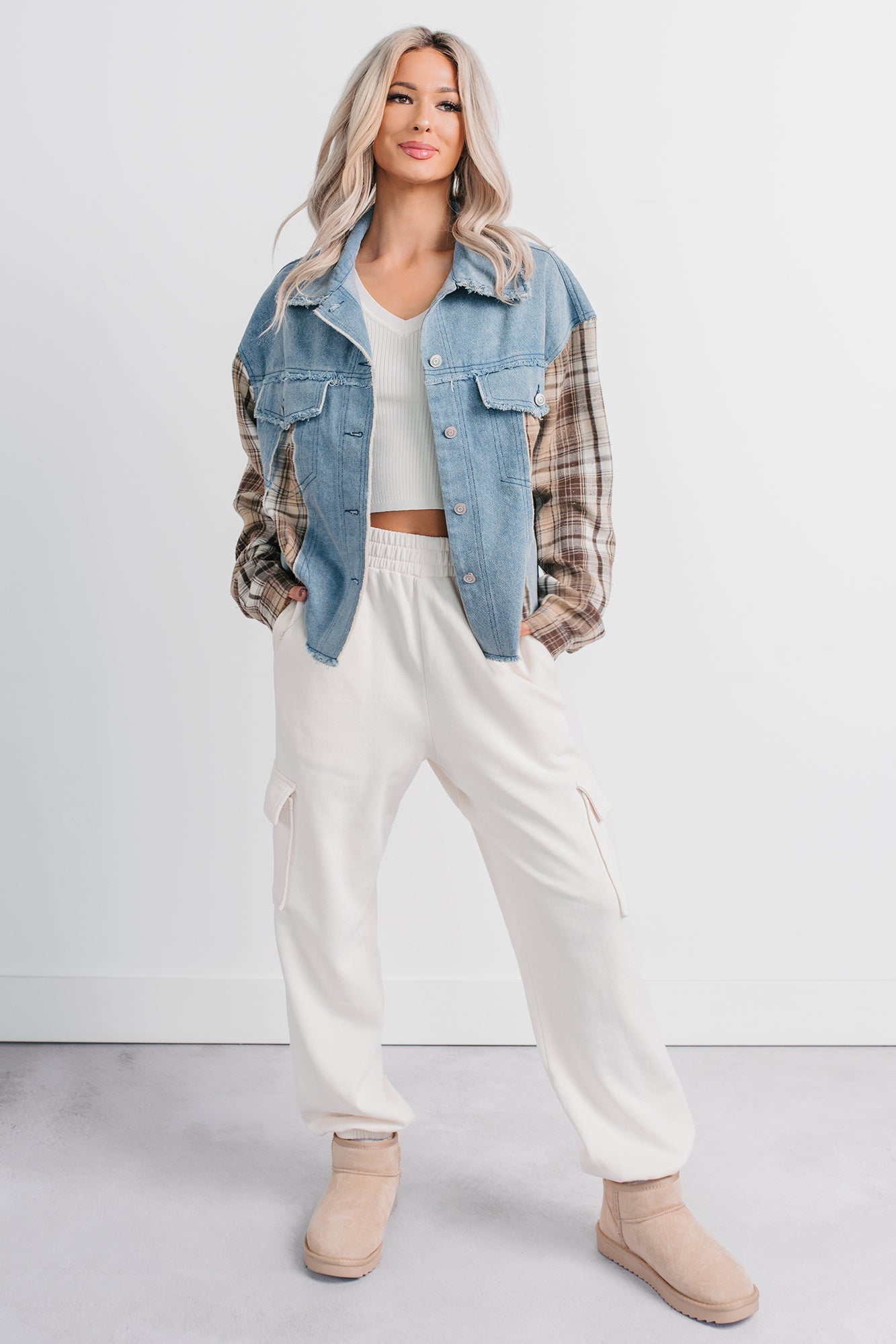 Daily Mode Plaid Denim Mix Jacket (Taupe Blend)