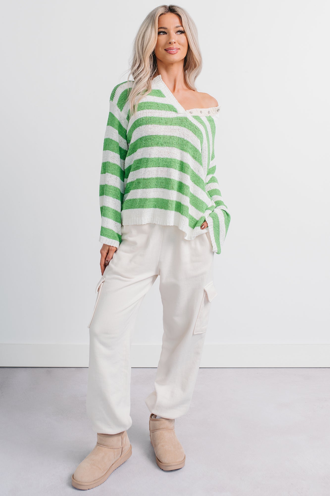 All Dressed Down Striped Knit POL Sweater (Green/Multi)