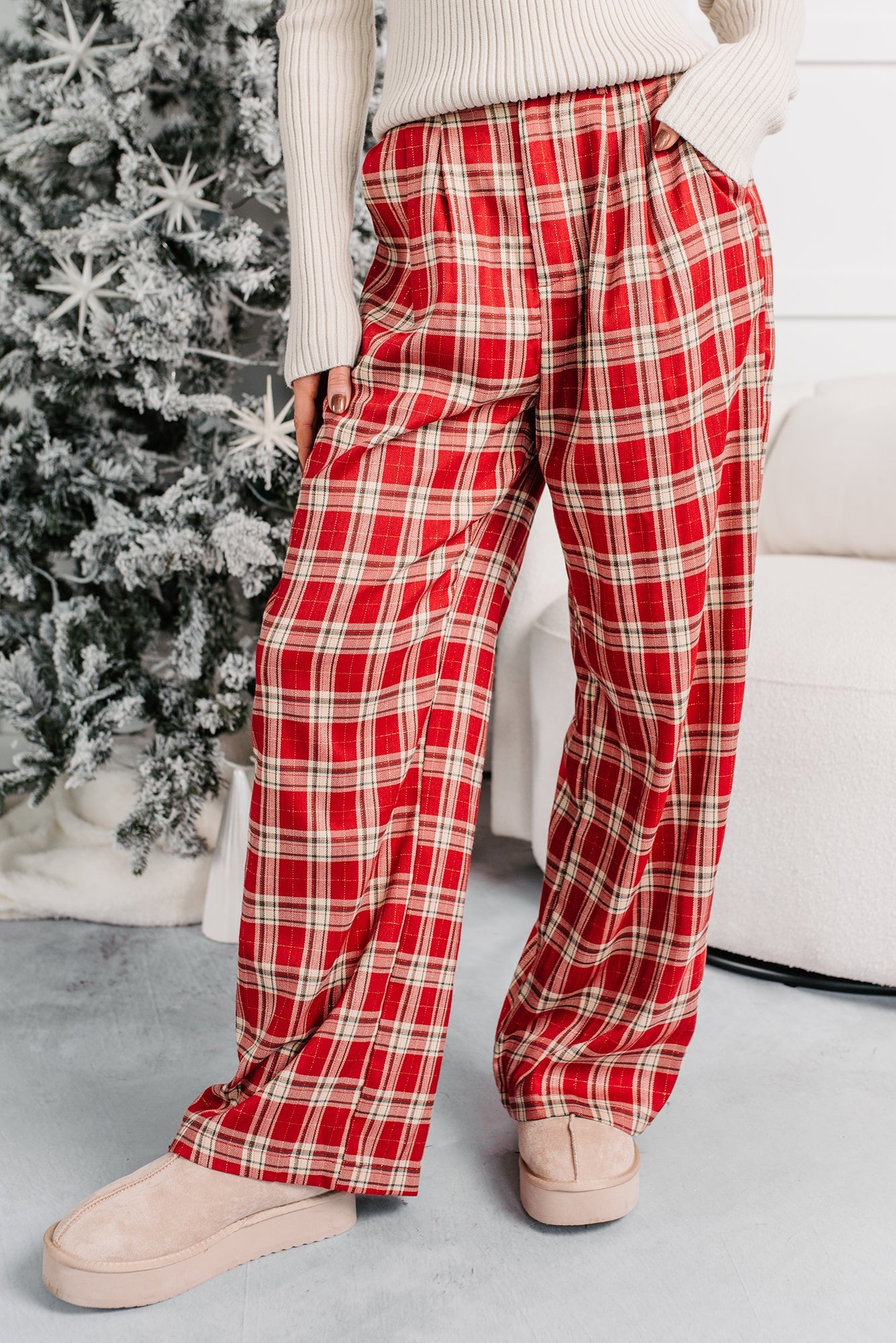 Festive Fun Plaid Wide Leg Pants (Red/Multi)