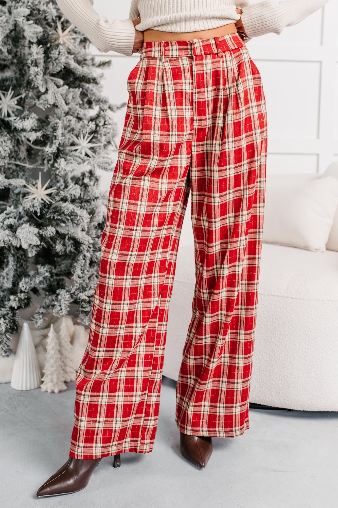 Festive Fun Plaid Wide Leg Pants (Red/Multi)