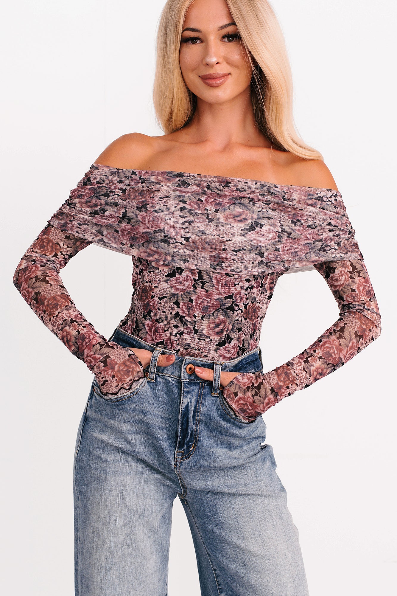 Daisy Fresh Off The Shoulder Floral Bodysuit (Black)