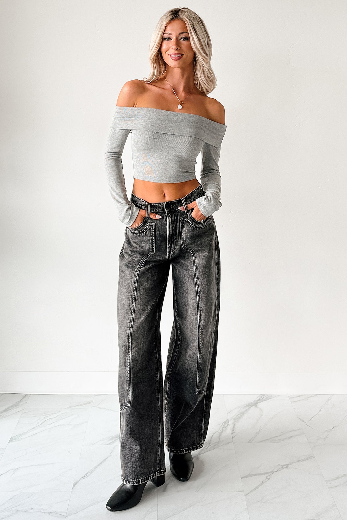 Fall Into Me Off The Shoulder Crop Top (Heather Grey)