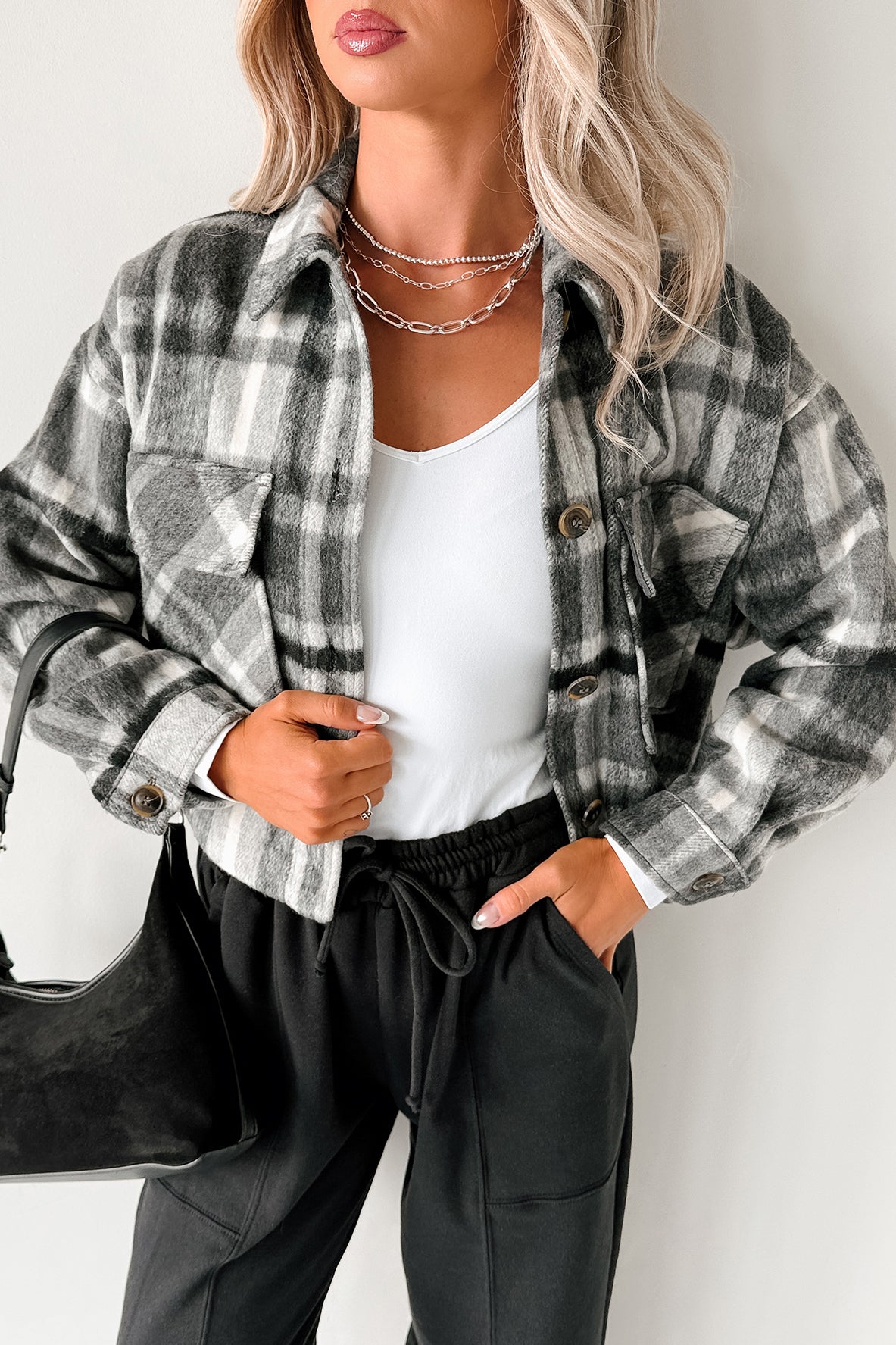 Can't Relate Plaid Button-Down Shacket (Charcoal)