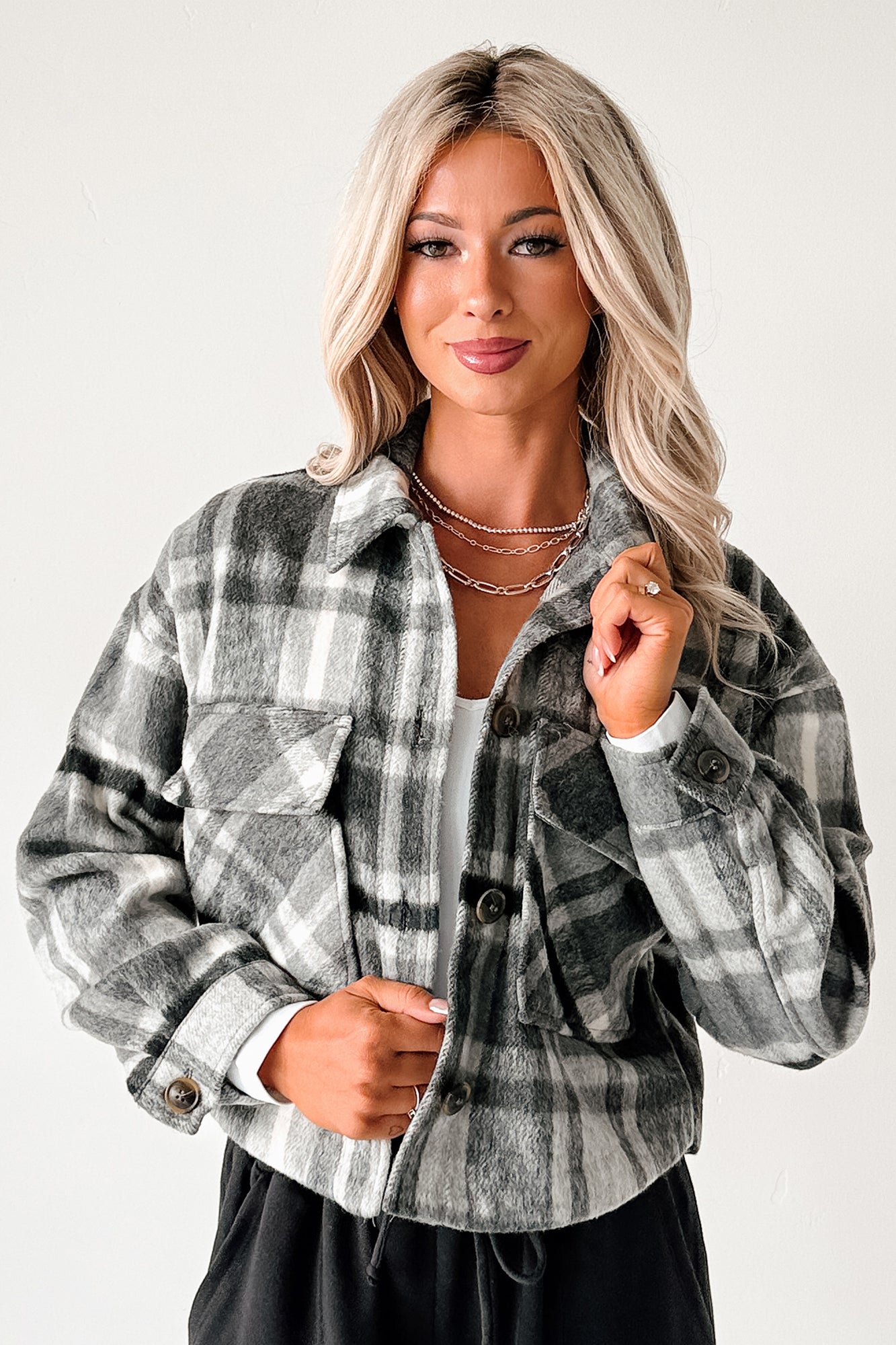 Can't Relate Plaid Button-Down Shacket (Charcoal)
