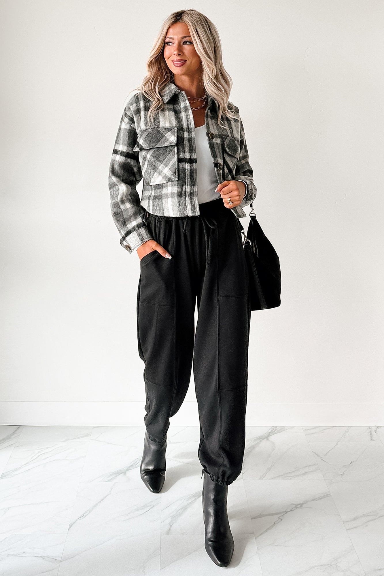 Can't Relate Plaid Button-Down Shacket (Charcoal)
