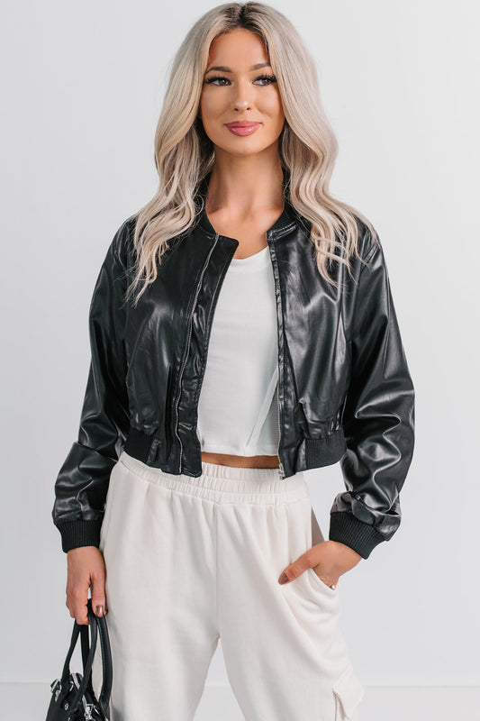 Crown Moment Faux Leather Crop Jacket (Black)
