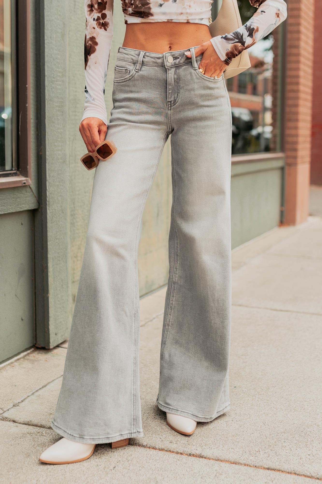 Cecily Mid Rise Wide Leg Mica Denim Jeans (Grey)