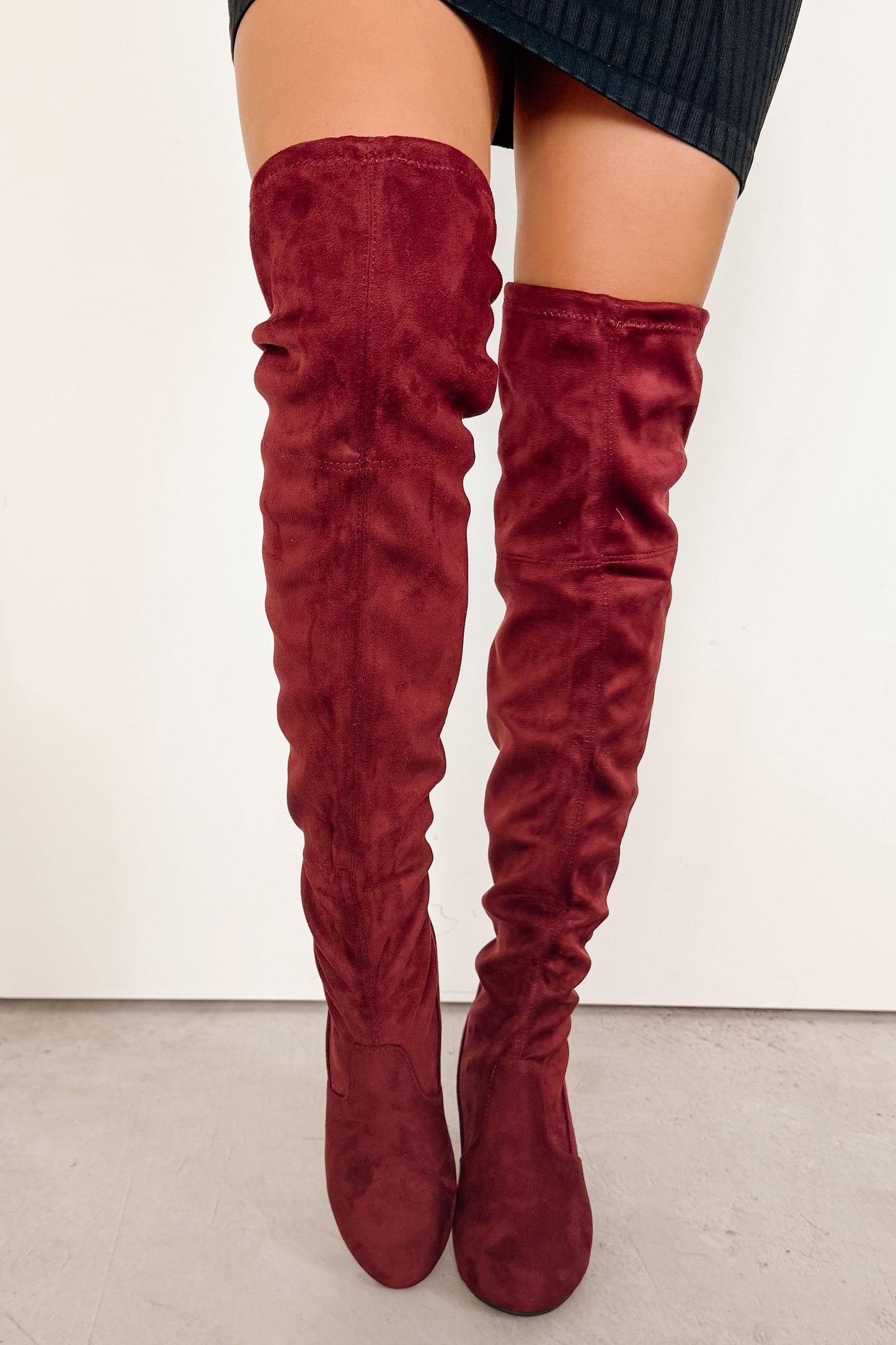 Bold Horizon Thigh High Faux Suede Boots (Burgundy)