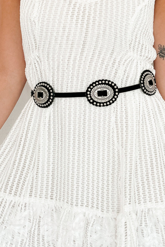 Barnyard Breeze Leather Detailed Concho Belt (Silver/Black)