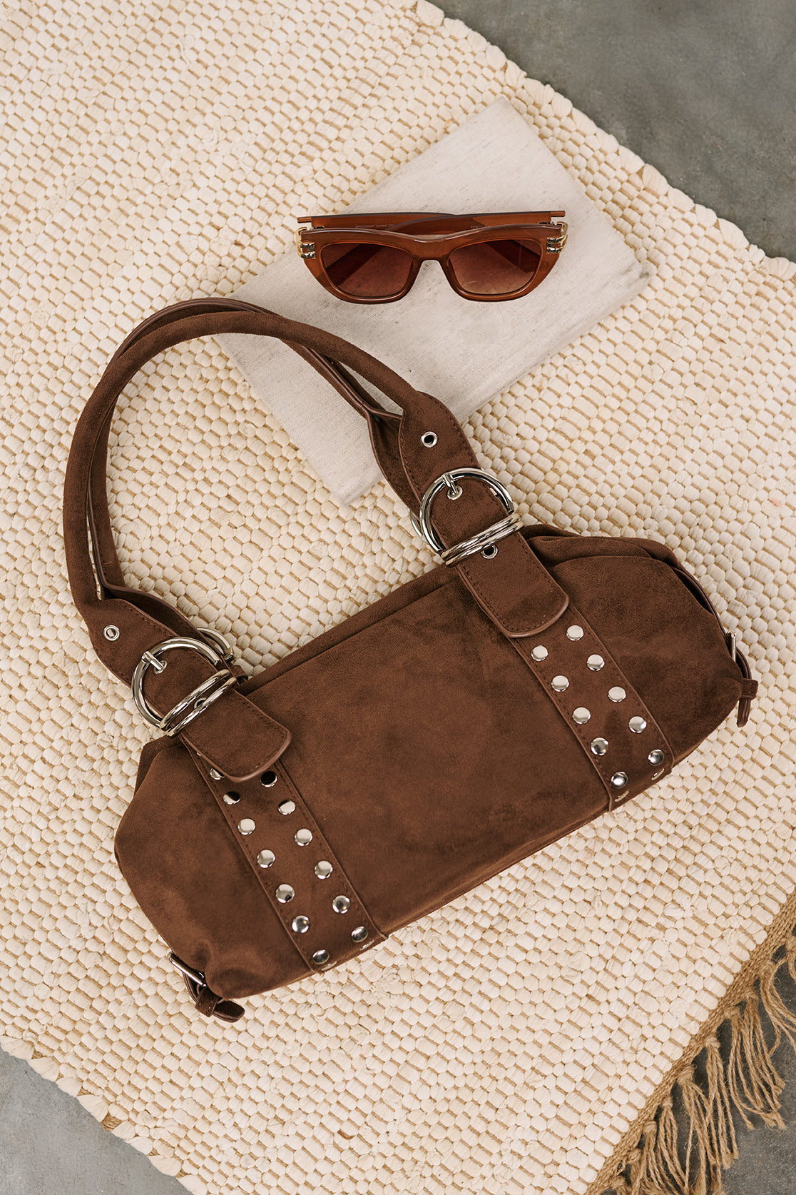 Fierce Calm Studded Faux Suede Bag (Dark Brown)