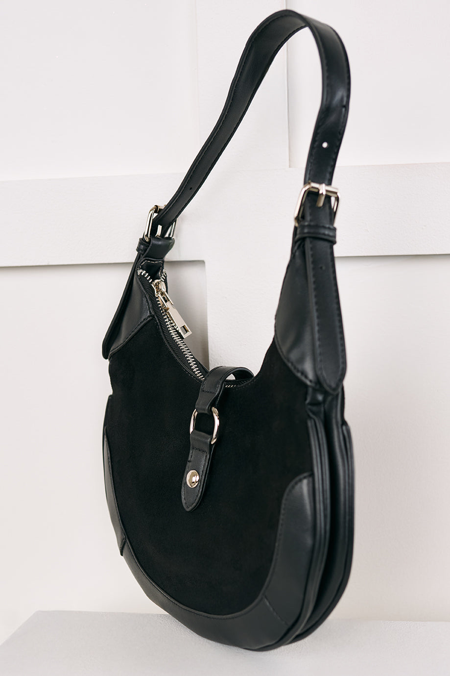 Claim Fame Faux Suede & Leather Crescent Bag (Black)