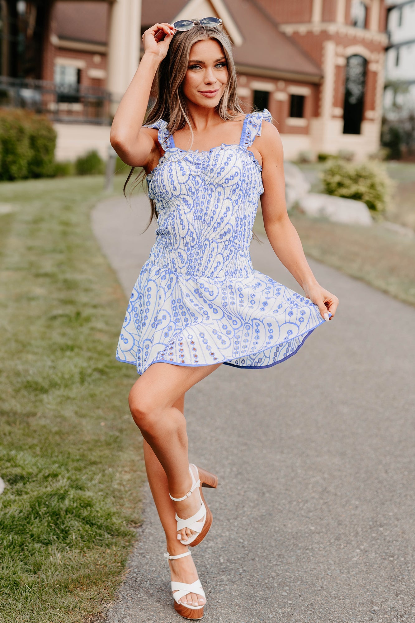 Miss Me More Smocked Eyelet Mini Dress (Blue)