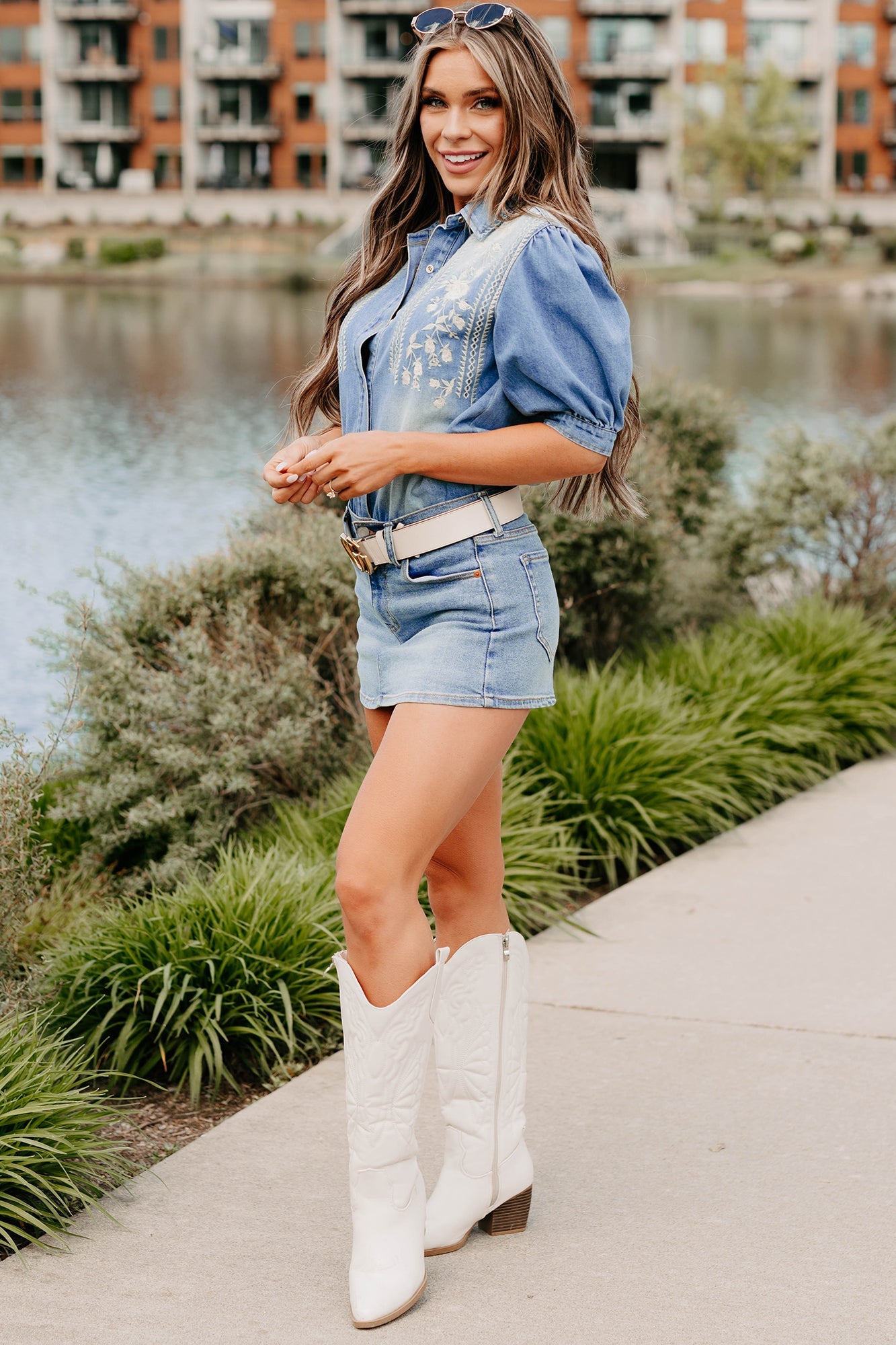 Desert Rose Embroidered Denim Bodysuit (Medium Wash)