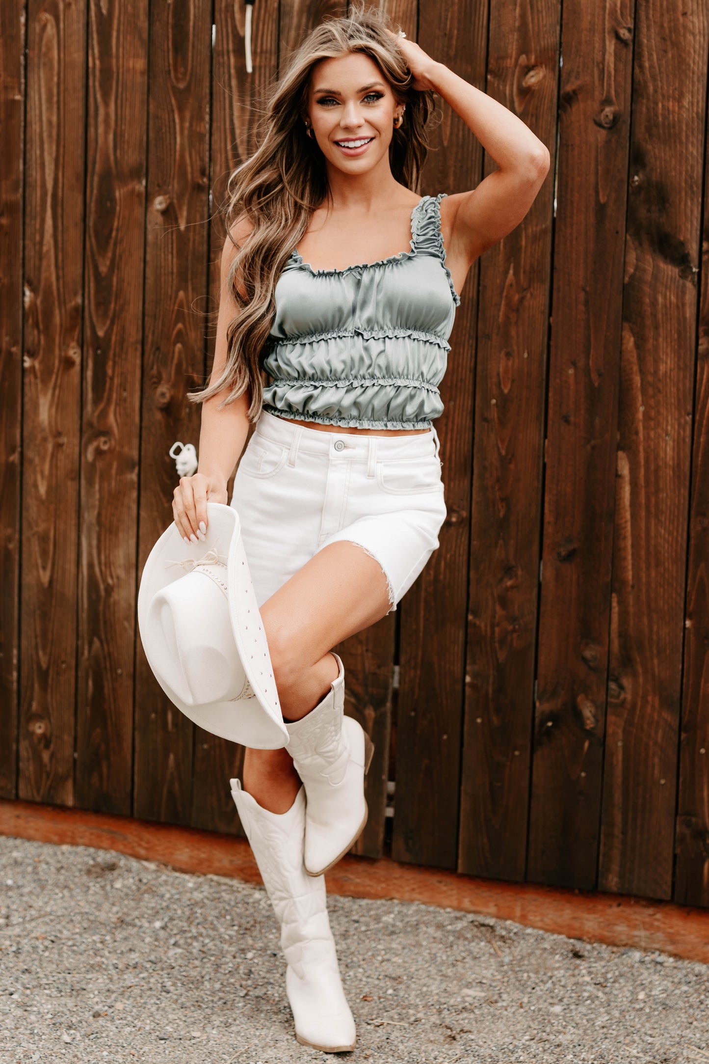 Luxe On Loop Ruched Satin Sleeveless Top (Sage Green)