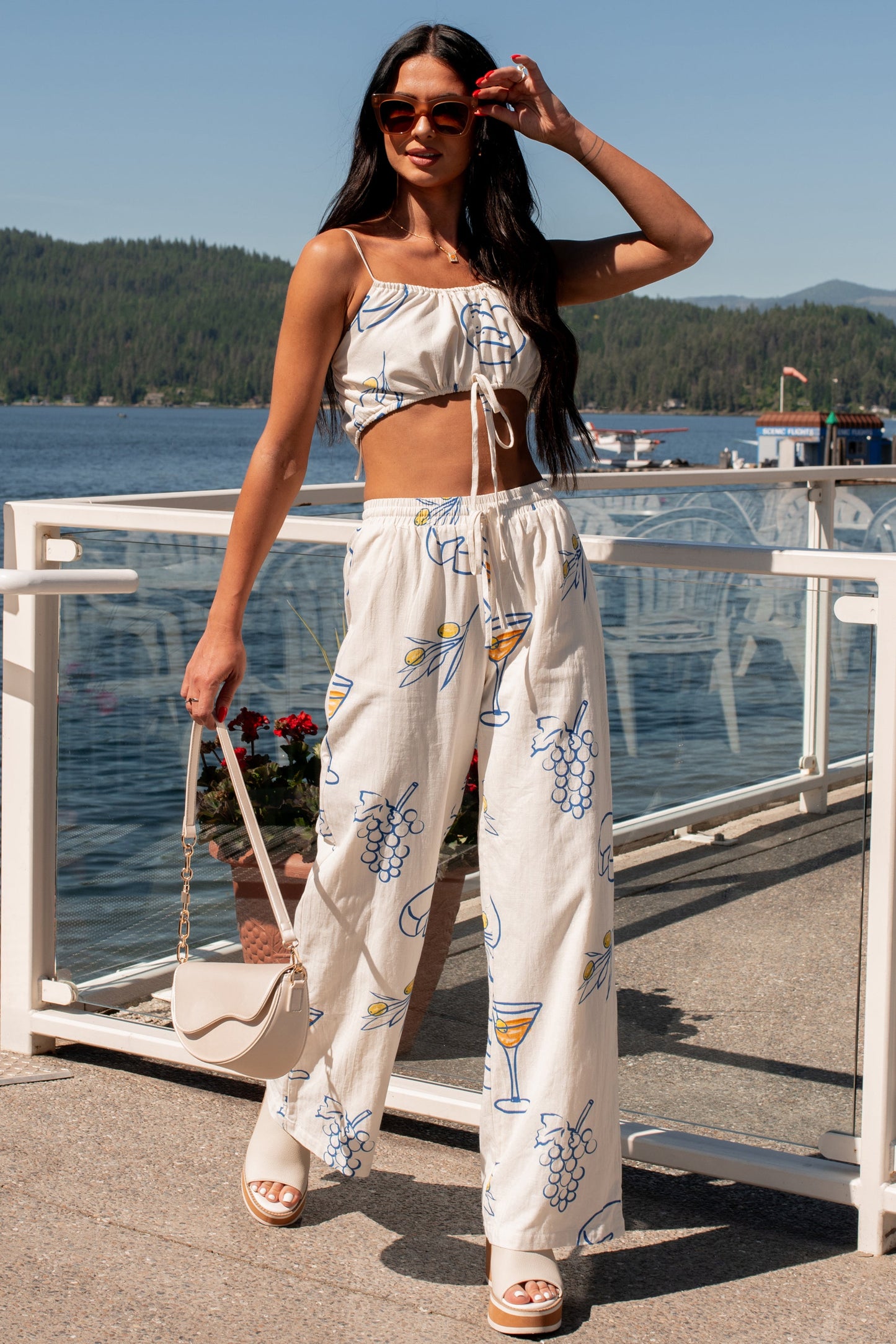 Drinks On The Patio Printed Drawstring Crop Top (Cream)