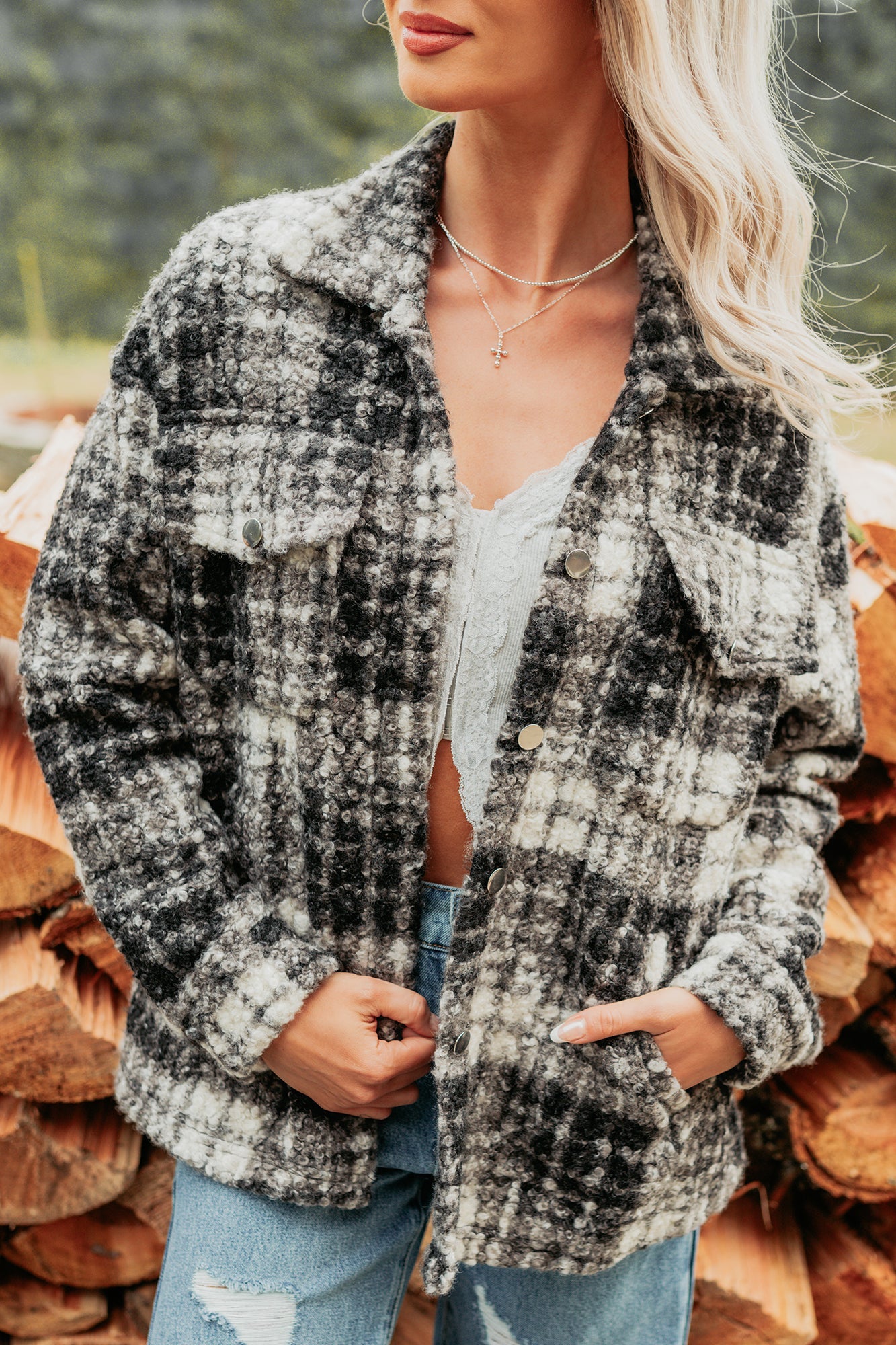 Deadline Driven Plaid Boucle Button-Up Jacket (Black)