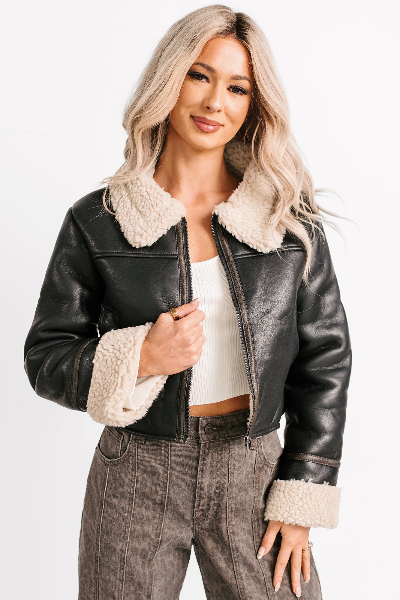 Serves You Right Sherpa Lined Faux Leather Jacket (Black)