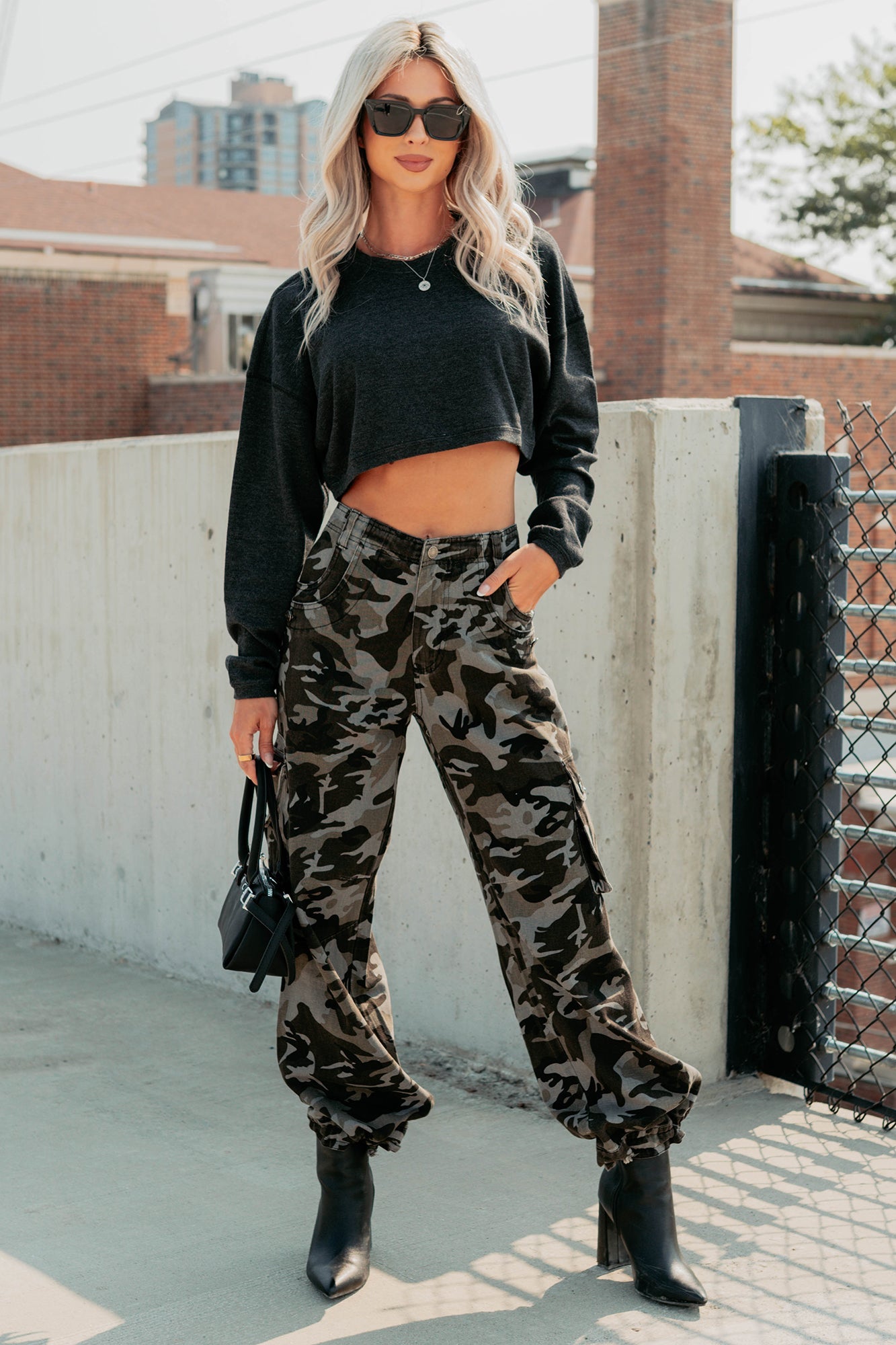 Everyday Cool Waffle Knit Long Sleeve Crop Top (Black)