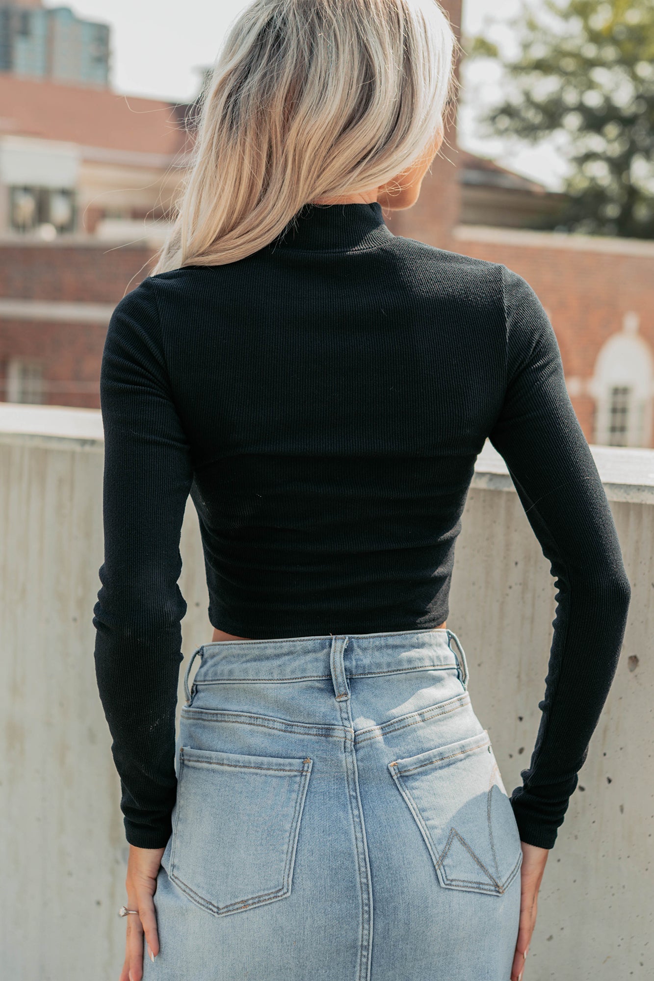 Leigh Long Sleeve Peekaboo Mock Neck Top (Black)