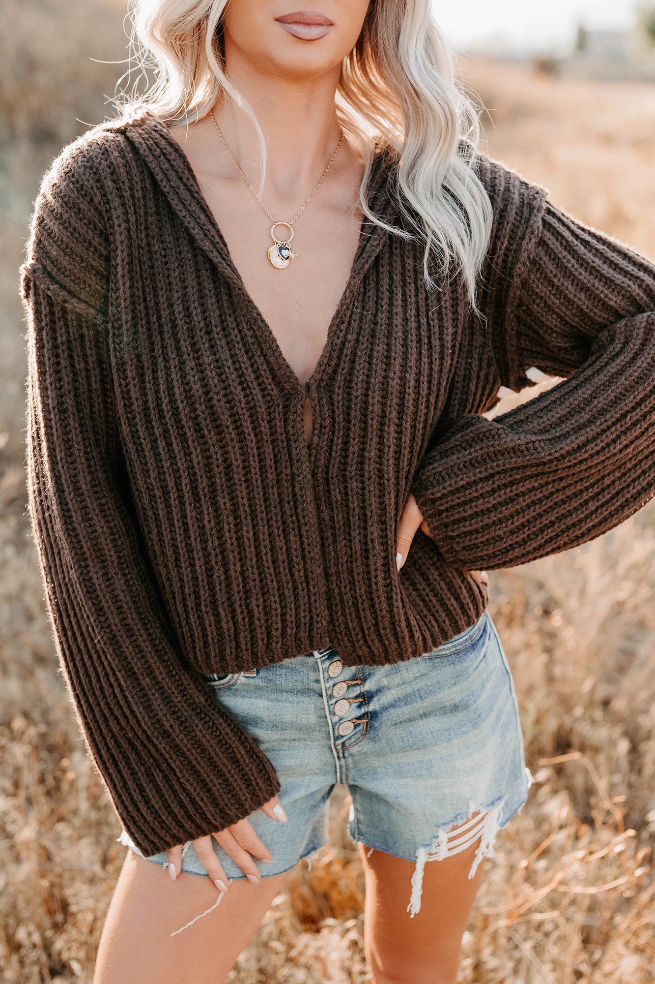 Fading Embers Stitch Sleeve Cardigan (Chocolate)