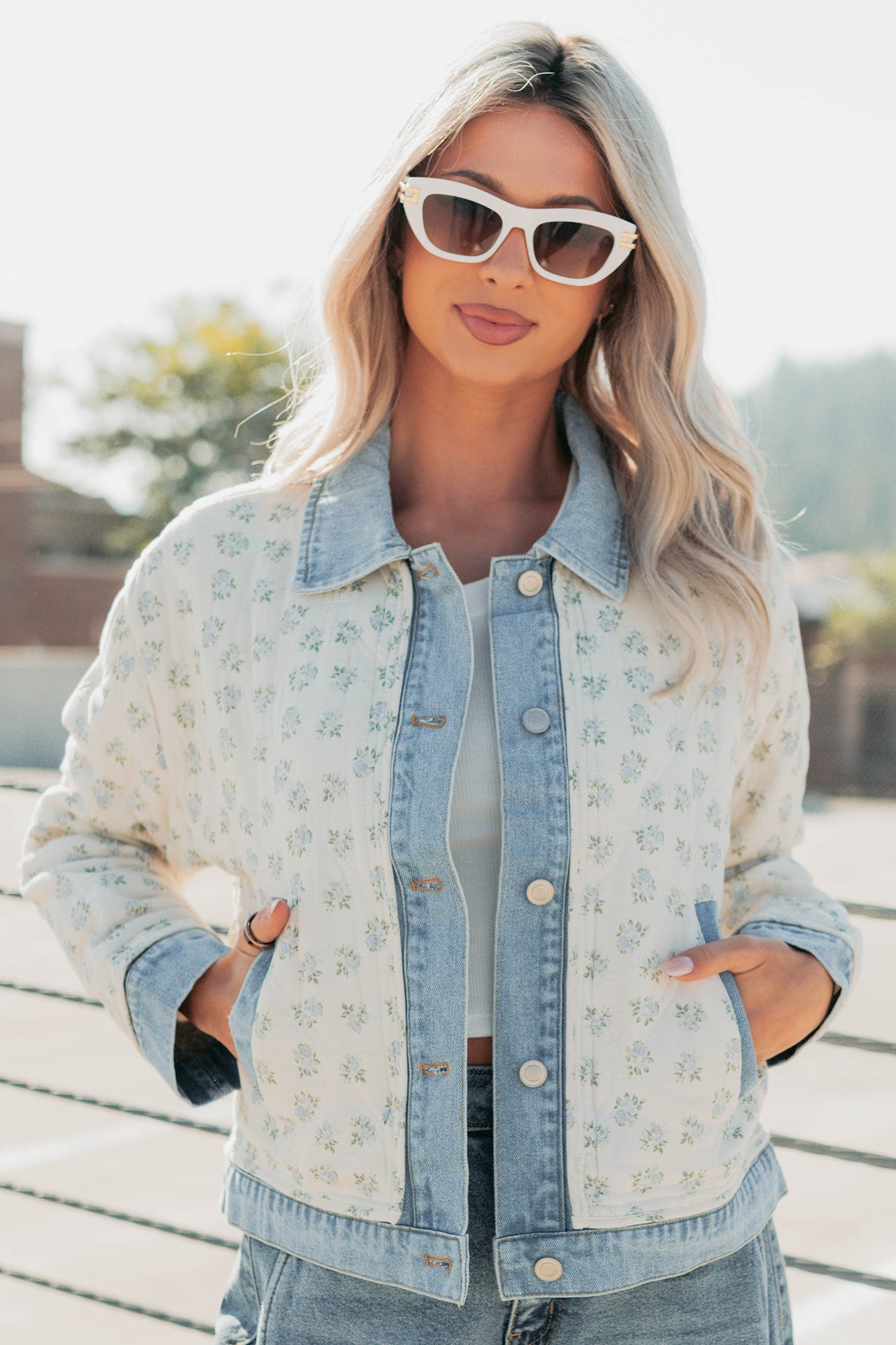 Breezy Mood Floral Quilted Denim Jacket (Ivory/Blue)