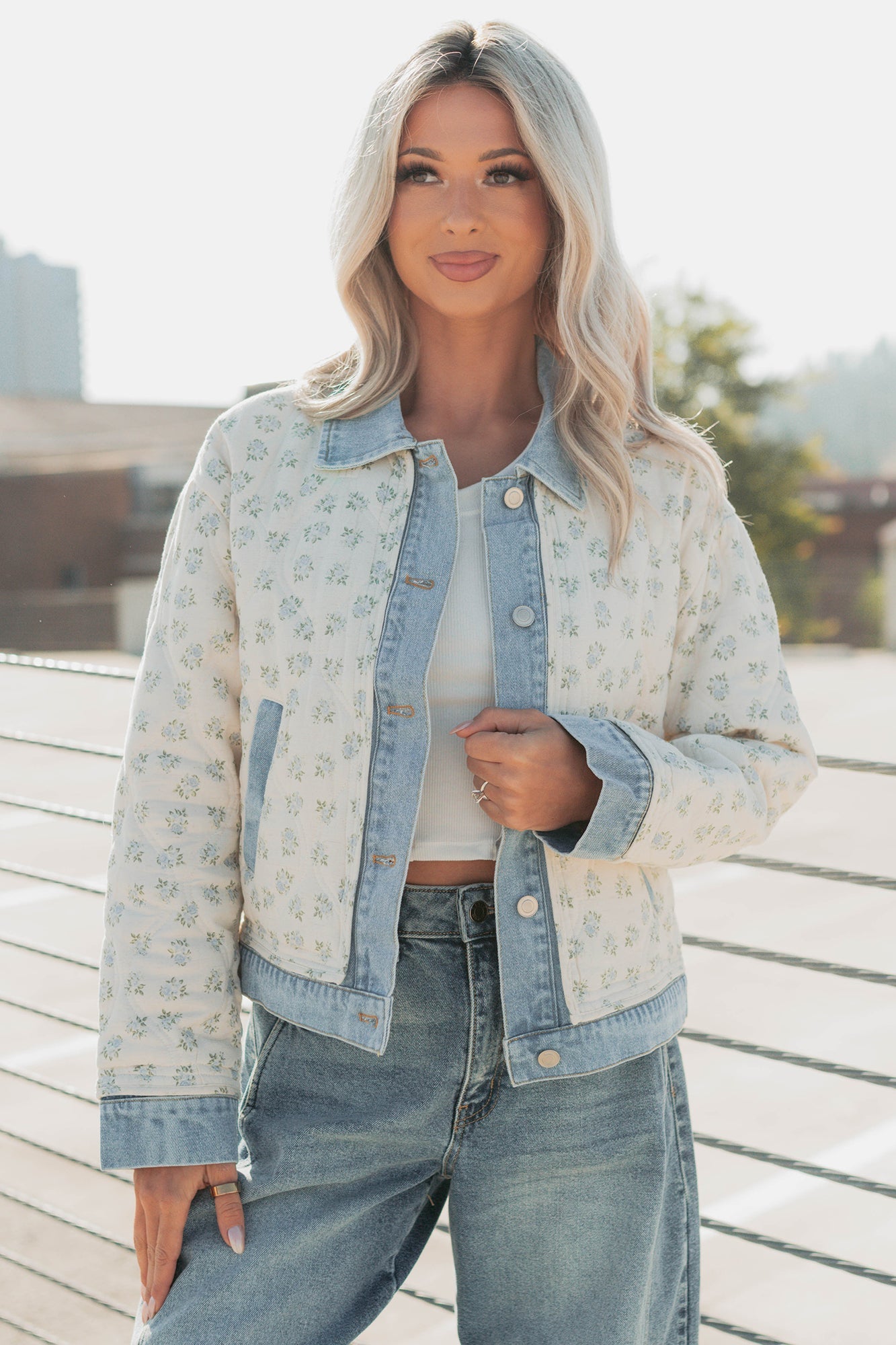 Breezy Mood Floral Quilted Denim Jacket (Ivory/Blue)