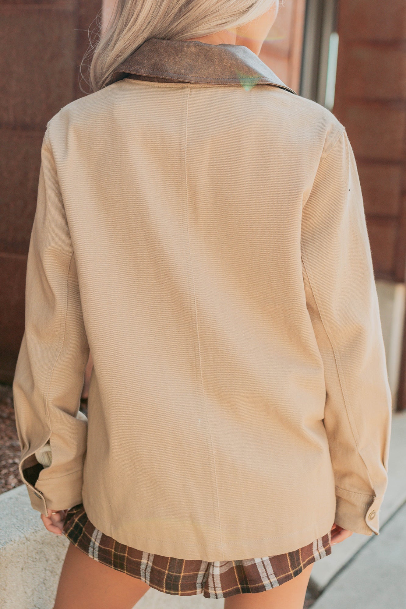 Hustle Habits Leather Collared Denim Jacket (Sand)