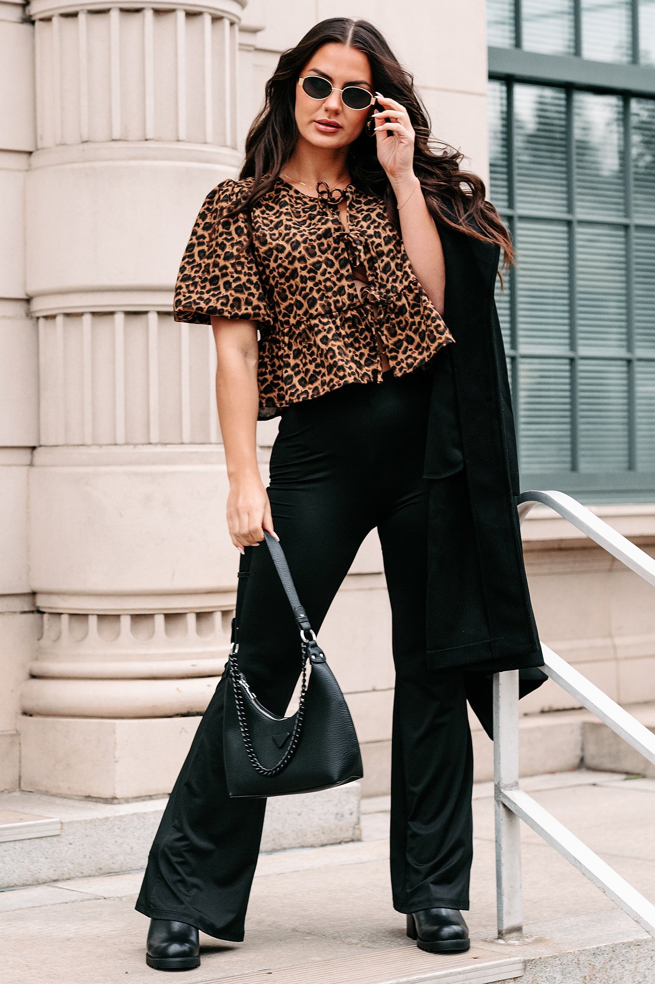DOORBUSTER Feisty Fashion Front Tie Leopard Print Puff Top (Leopard)